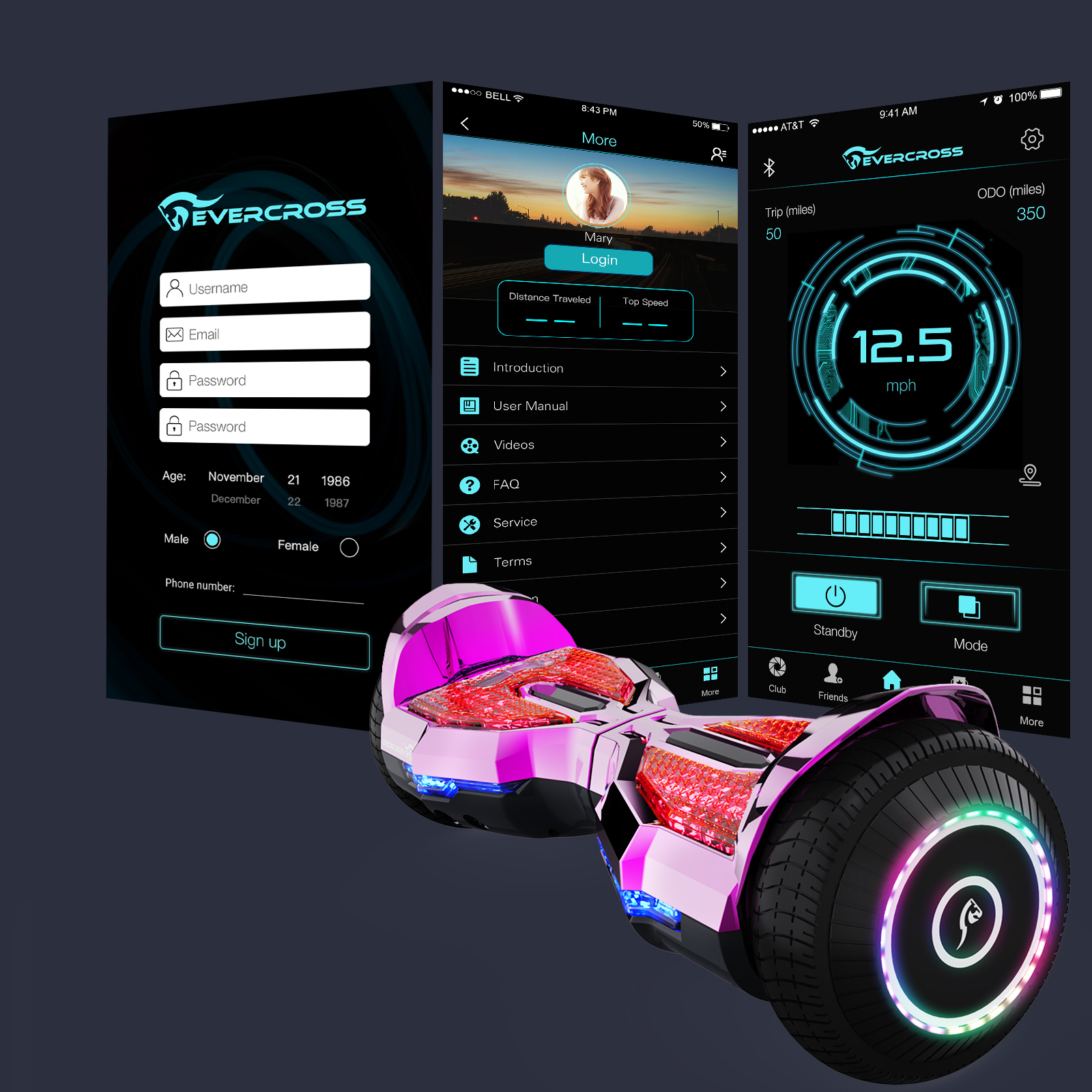 Un hoverboard con pantallas que muestran interfaces de aplicaciones y una interfaz de teléfono.