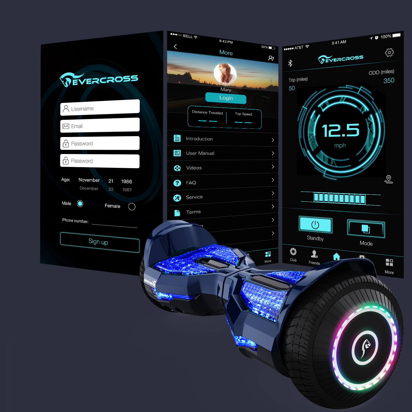 Hoverboard mit mehreren Bildschirmen, die Informationen anzeigen. Dunkler Hintergrund. Blaue Lichter sichtbar.