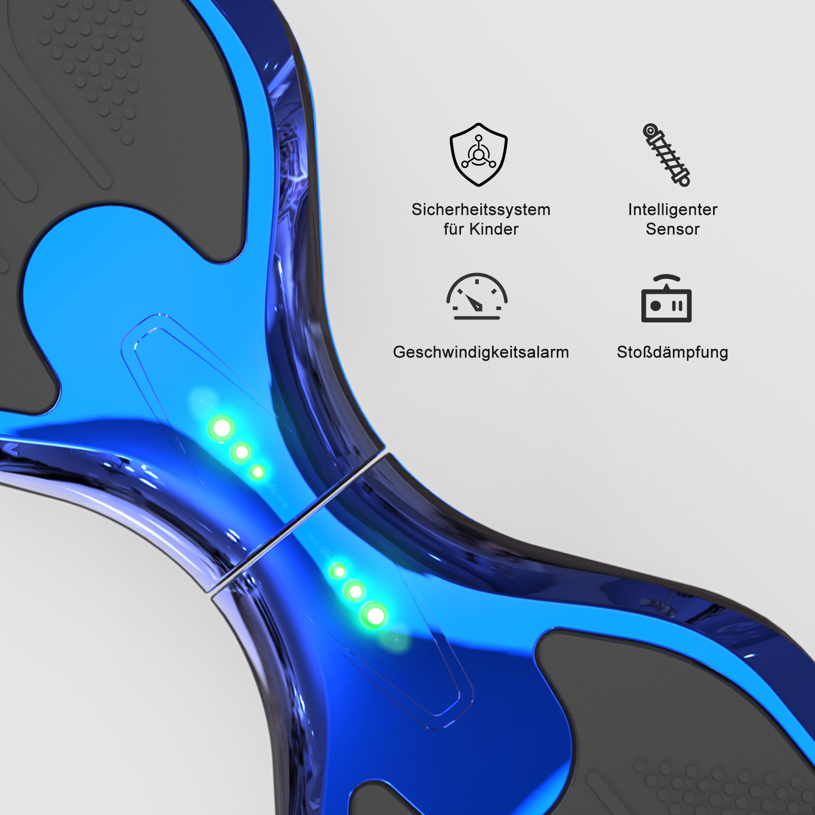 Blaues Hoverboard mit Lichtern und Sicherheitsmerkmalen.