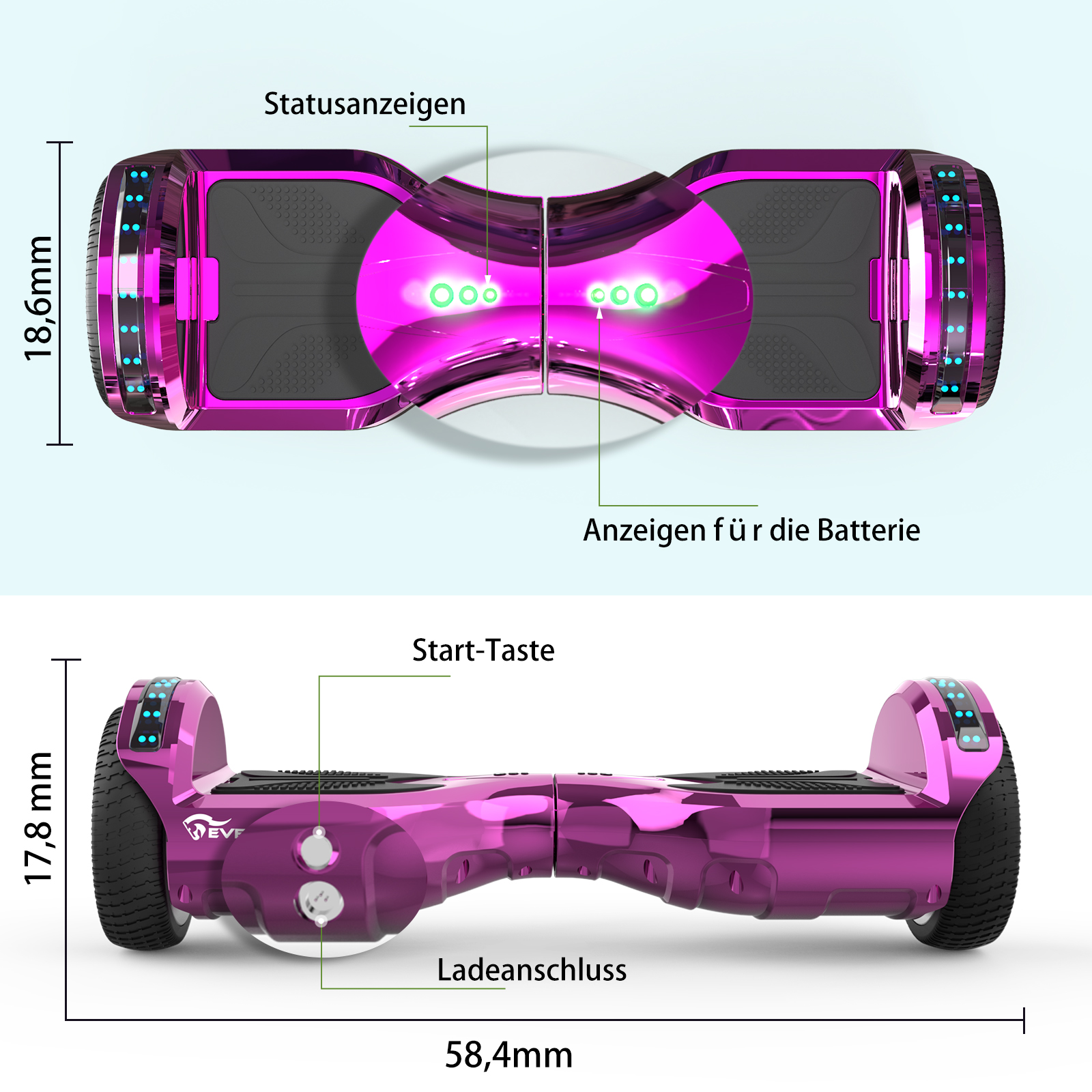 Pinkes Hoverboard mit Maßen. Die Ansichten von oben und der Seite sind gezeigt.