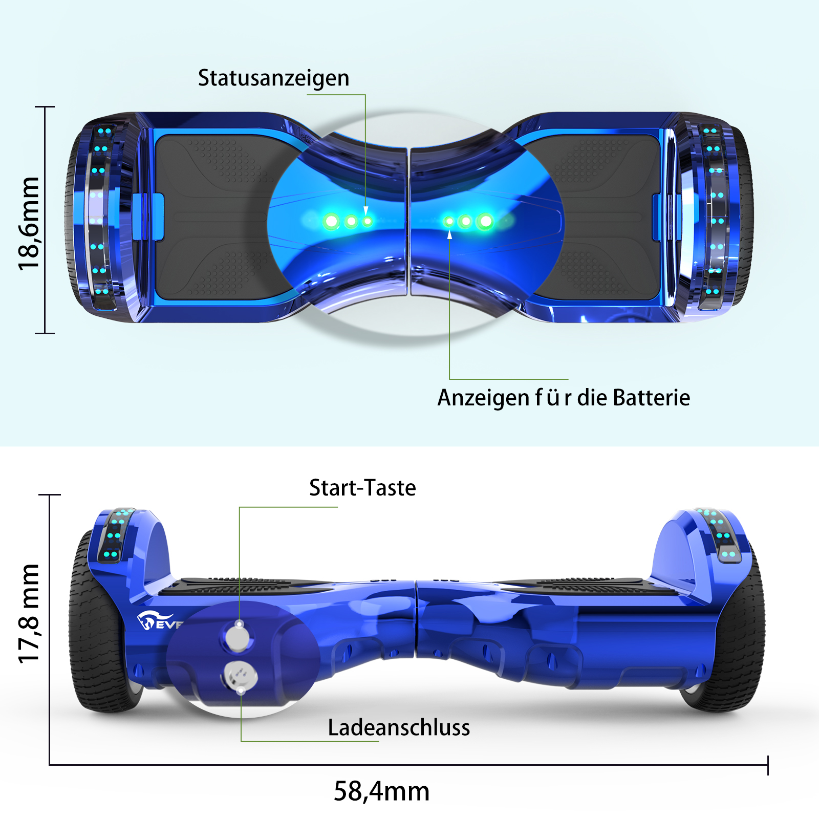 Blaues Hoverboard mit Beschriftungen. Die Draufsicht zeigt Lichter, die Unteransicht Räder und Knöpfe.