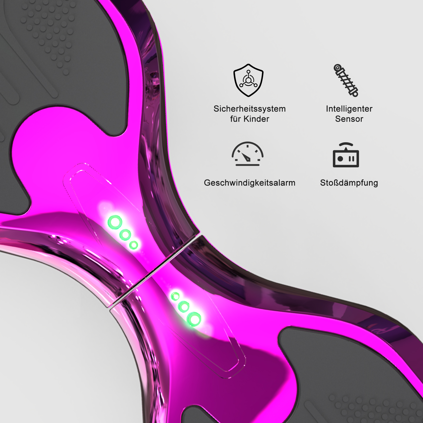Ein pinkes Hoverboard mit Symbolen und Lichtern, weißer Hintergrund.