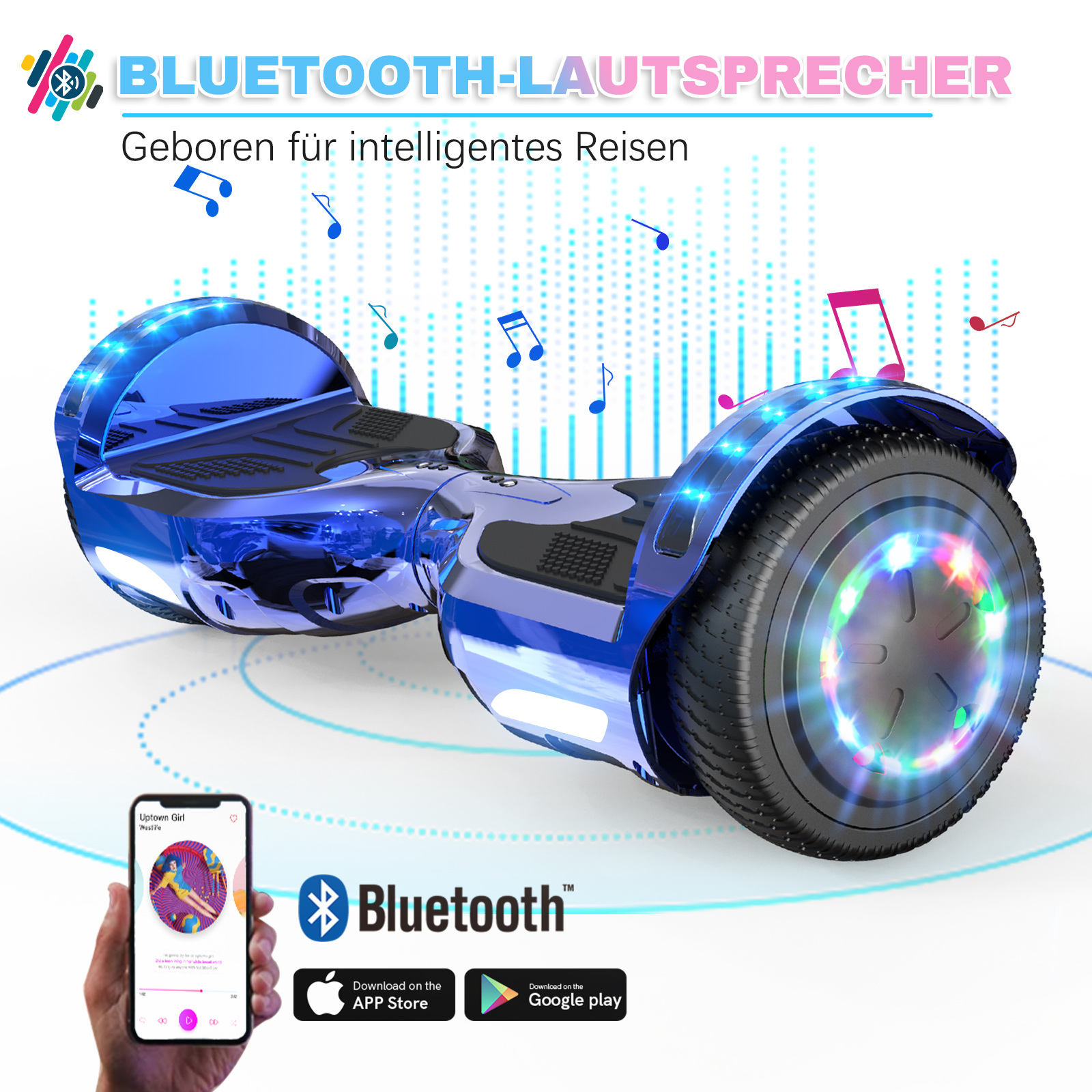 Blaues Hoverboard mit Lichtern, Noten und Telefon mit Musik-App.