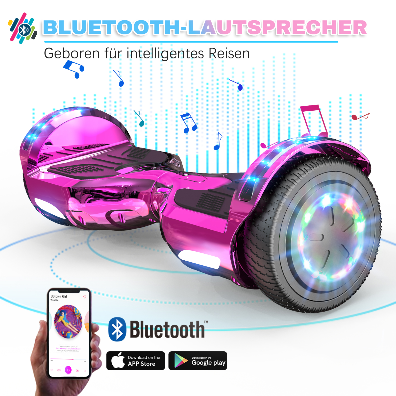 Rosa Hoverboard mit blauen Lichtern, ein Telefon, das Musik zeigt, und Bluetooth-Logo.