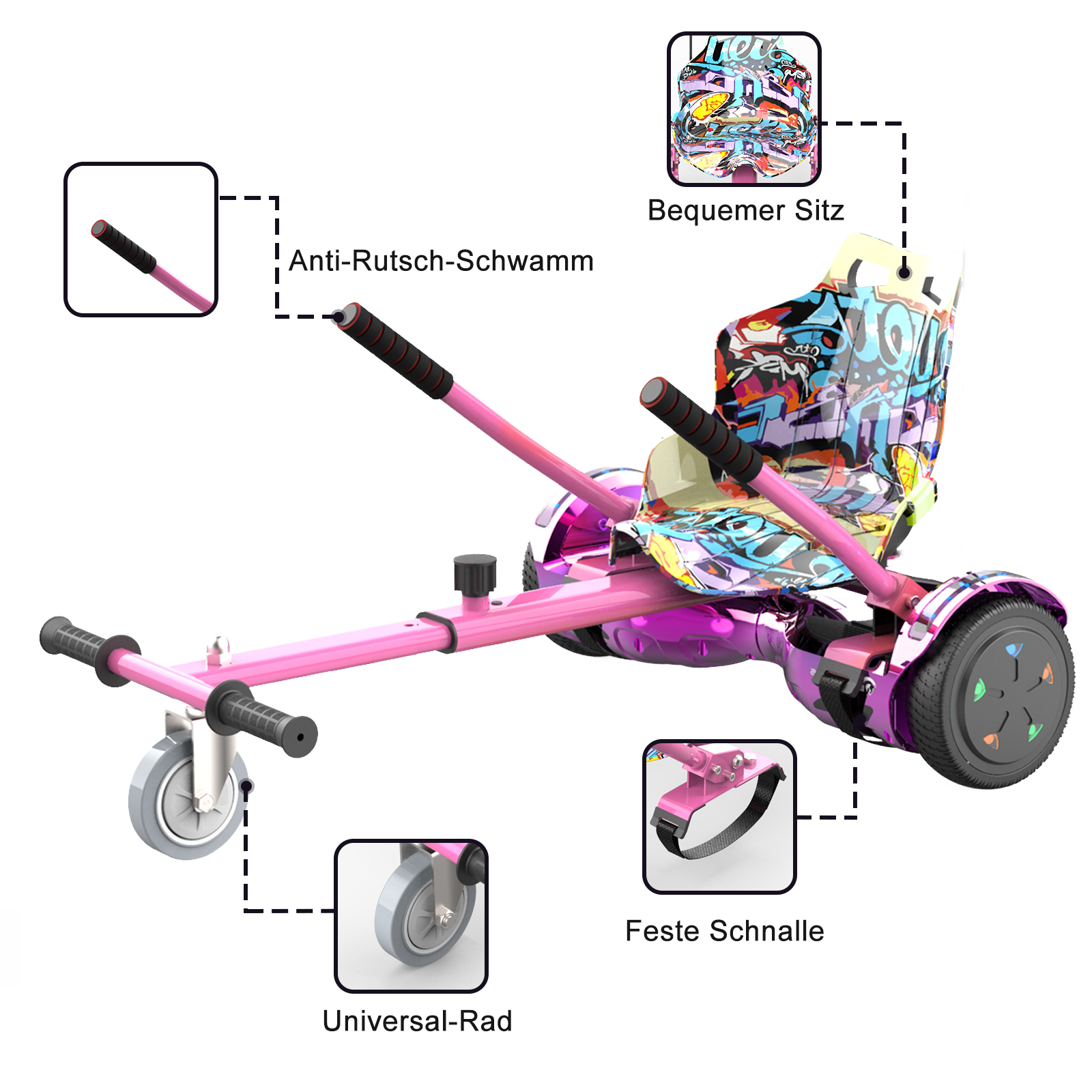 Pinkes und lilafarbenes Hoverboard mit Sitz und einem grauen Rad mit weißem Hintergrund.