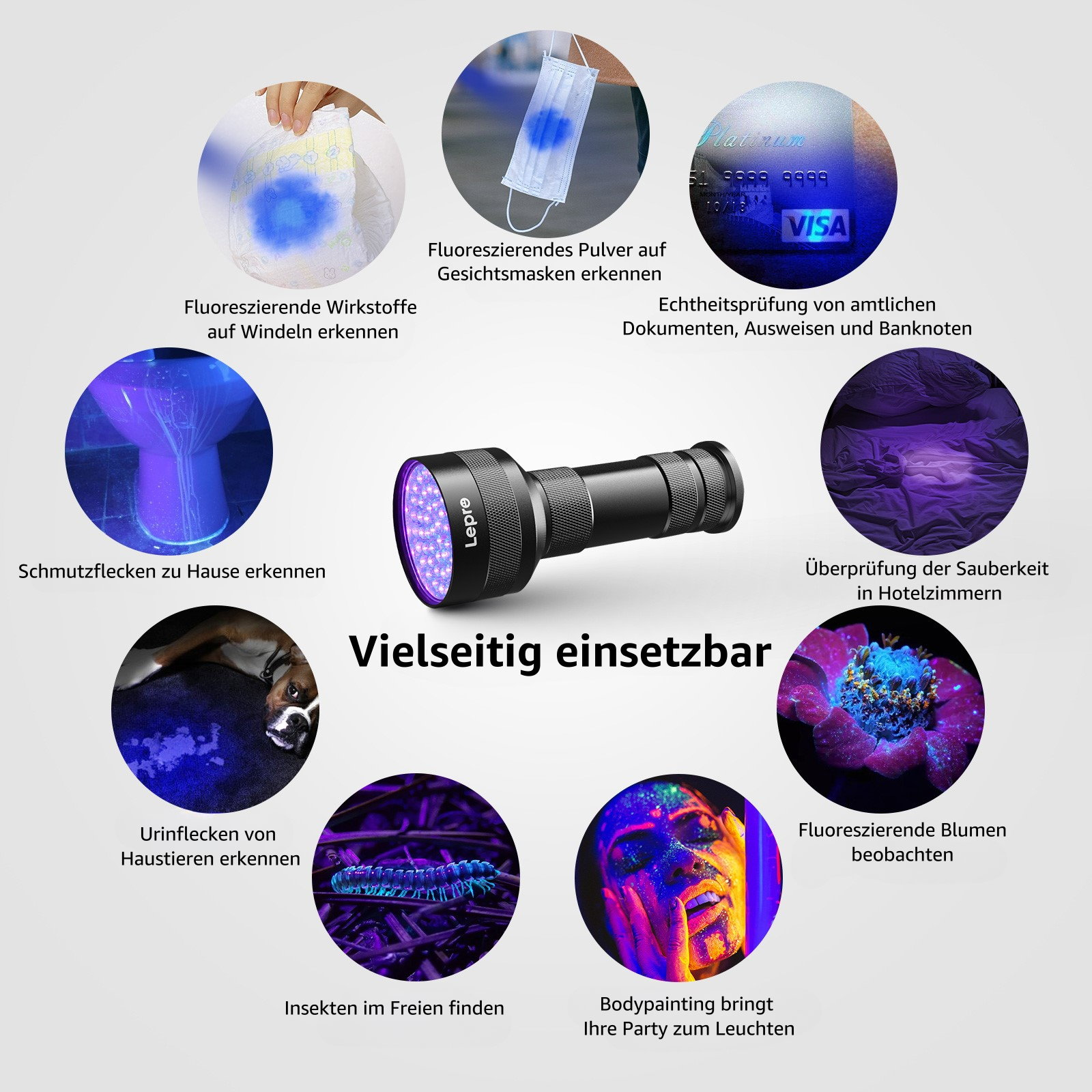 Eine schwarze Taschenlampe mit verschiedenen Anwendungen: Erkennen von Flecken, Falschgeld und Insekten.