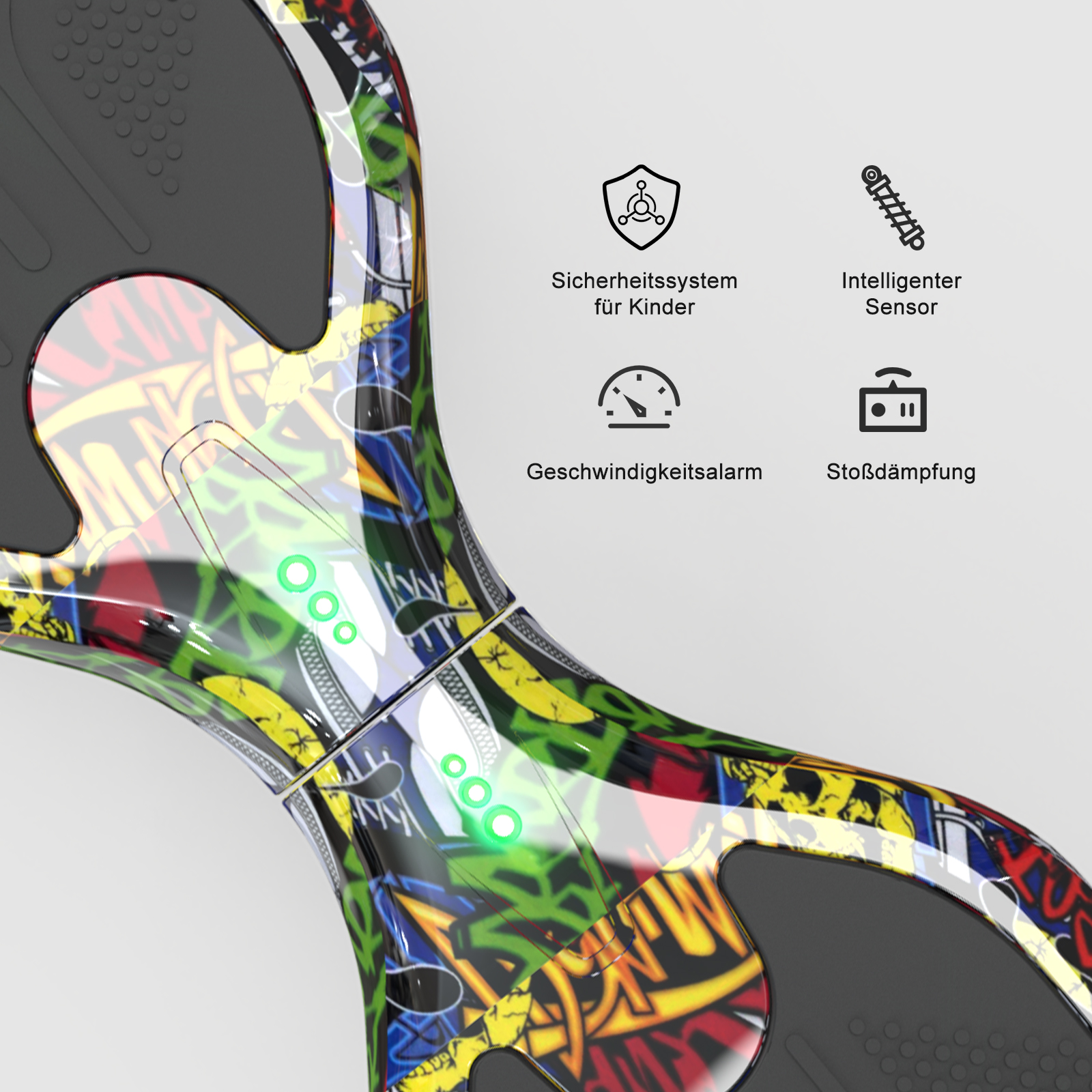 Ein farbenfrohes Hoverboard mit Informationssymbolen auf weißer Oberfläche.