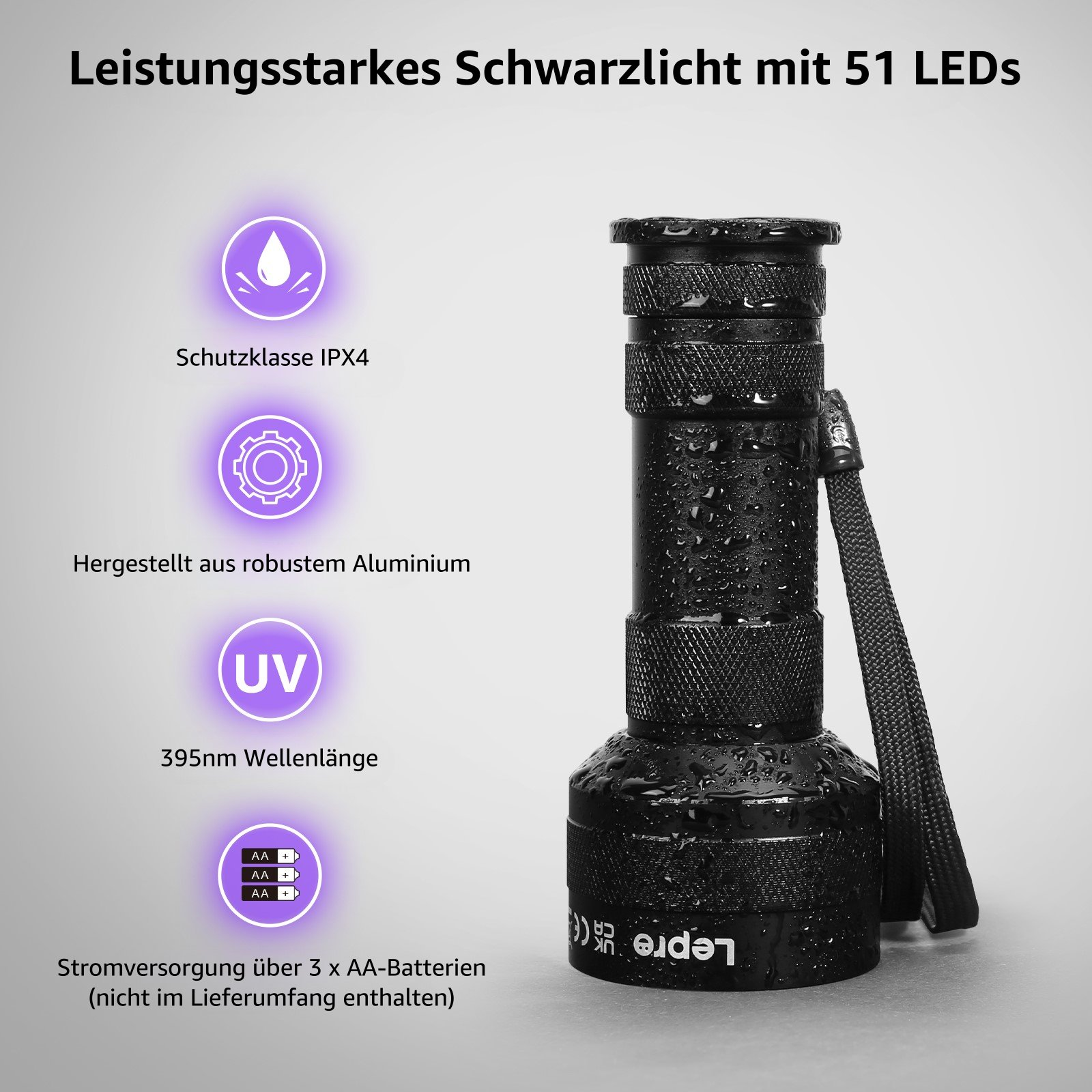 Schwarze UV-Taschenlampe mit Text und Symbolen zu den Produkteigenschaften.