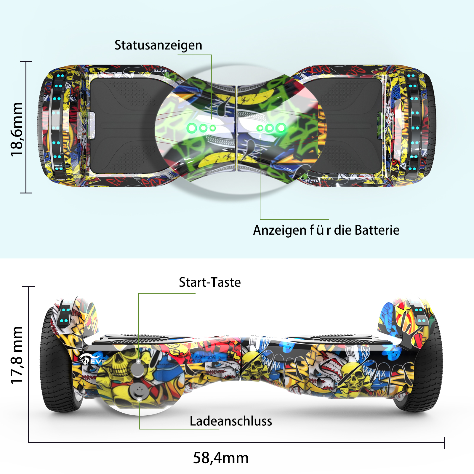 Ein Hoverboard mit Graffiti-Kunst, das Abmessungen und wichtige Teile wie Starttaste, Batterieanzeige und Ladeanschluss zeigt.