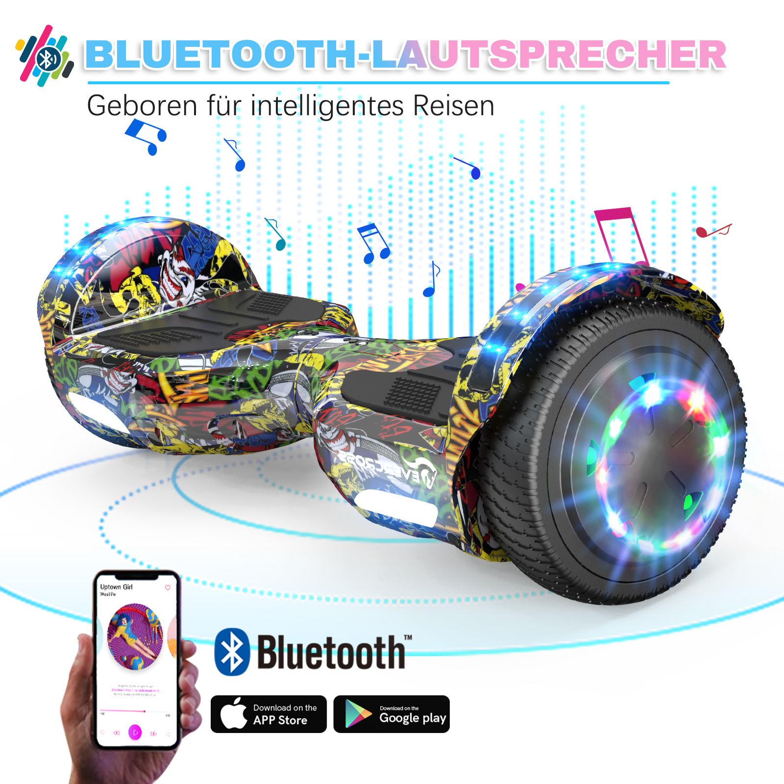 Ein Hoverboard mit Graffiti-Kunst, Bluetooth-Logo, Telefon mit App und Download-Links.
