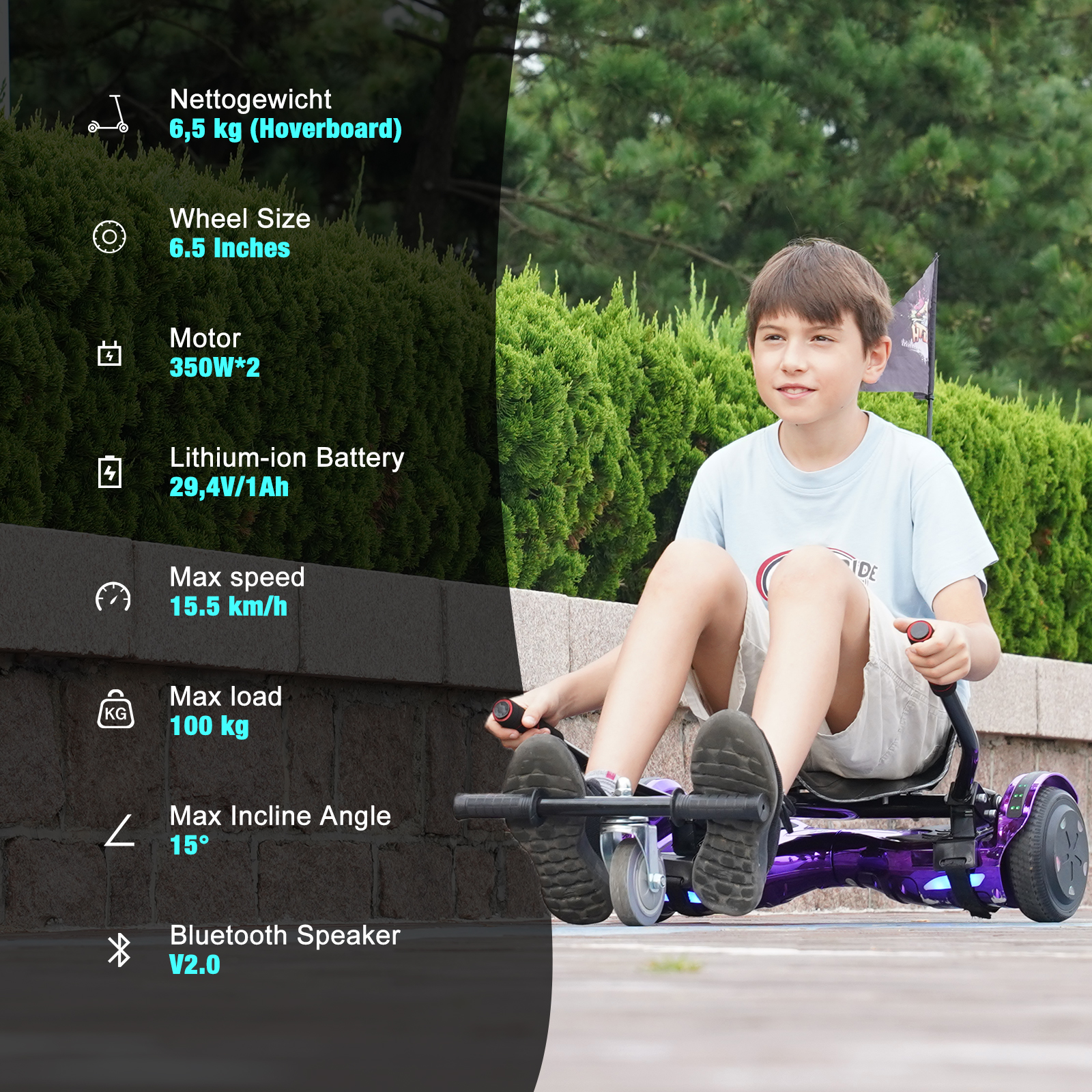 Junge auf einem lila Hoverboard mit Textlabels, die Funktionen und Spezifikationen zeigen.