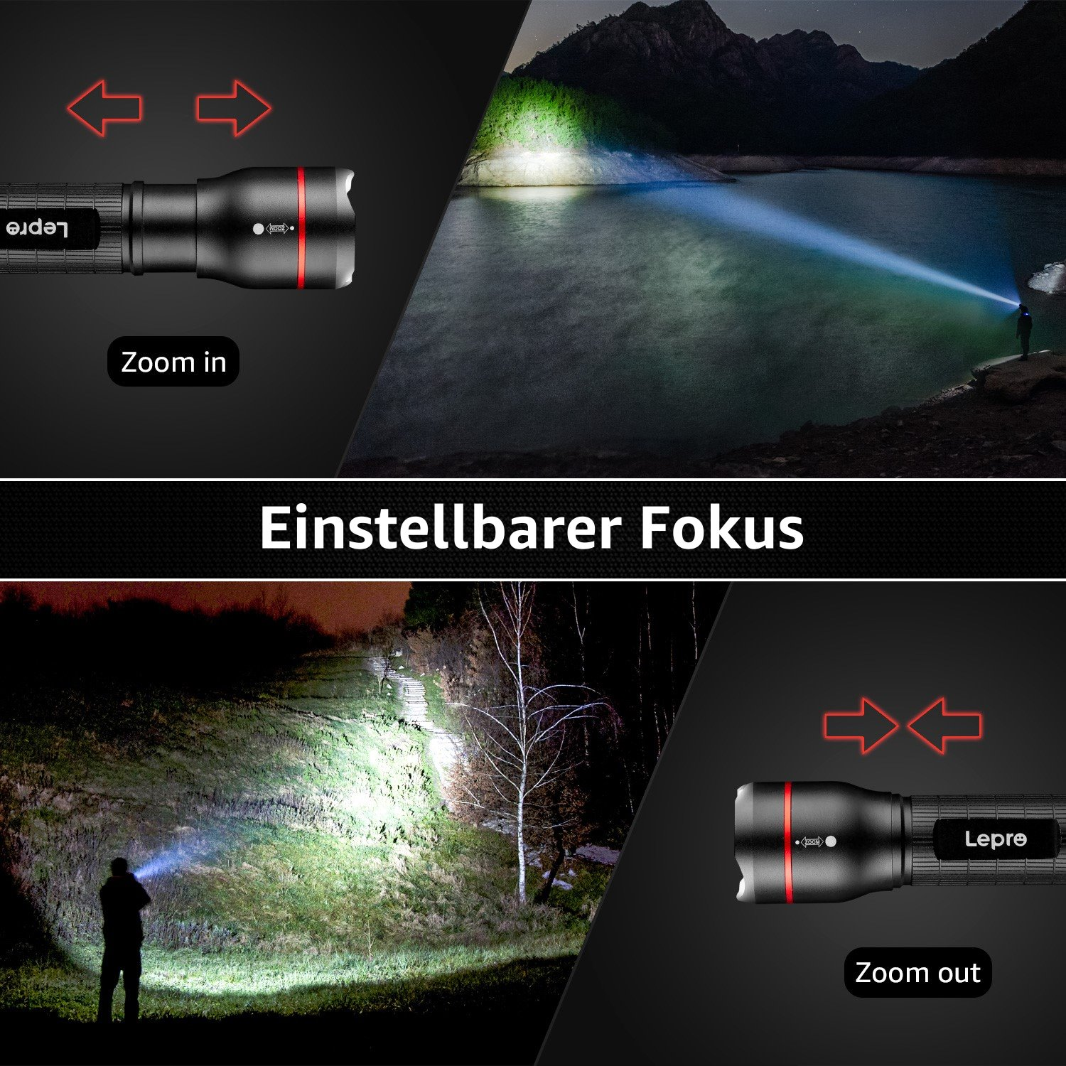 Eine Taschenlampe, die hinein- und herauszoomt, wobei der Strahlfokus gezeigt wird, mit einem See und einer Nachtszene.