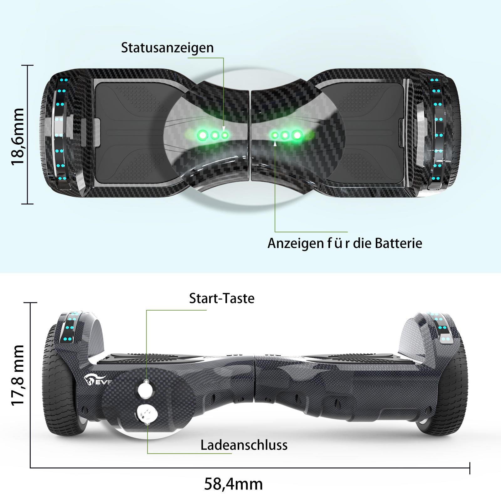 Ein Hoverboard, Draufsicht und Seitenansicht, mit Maßen. Zeigt Batterie- und Statusanzeigen.