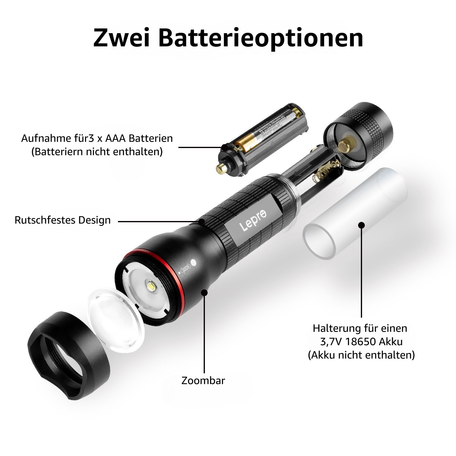 Zerlegte Taschenlampe mit Batteriemöglichkeiten: AAA-Batterien oder eine 18650-Batterie.