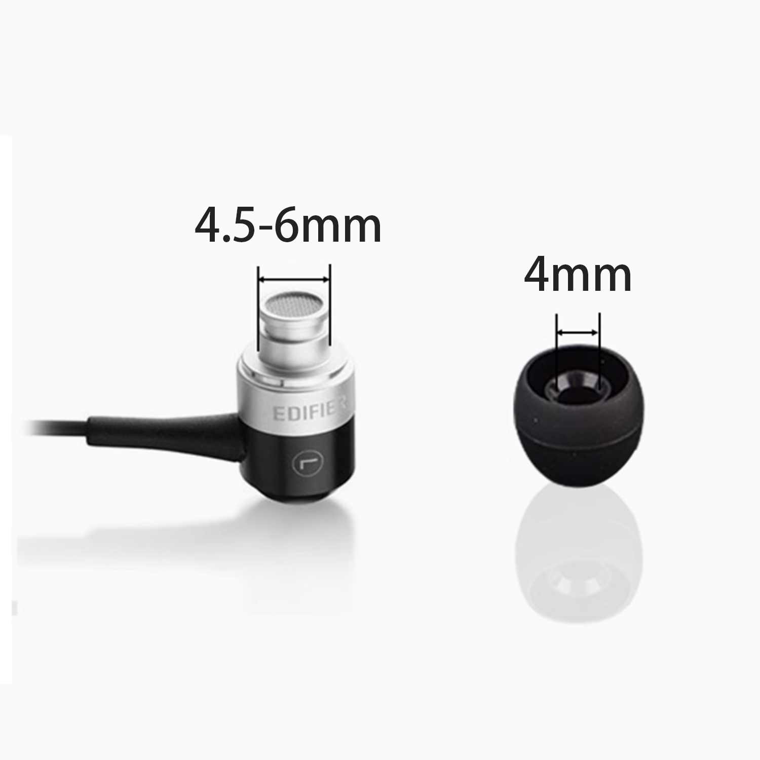 Oordopje met tekst van 4,5-6 mm en 4 mm. Zwart en zilver, witte achtergrond.