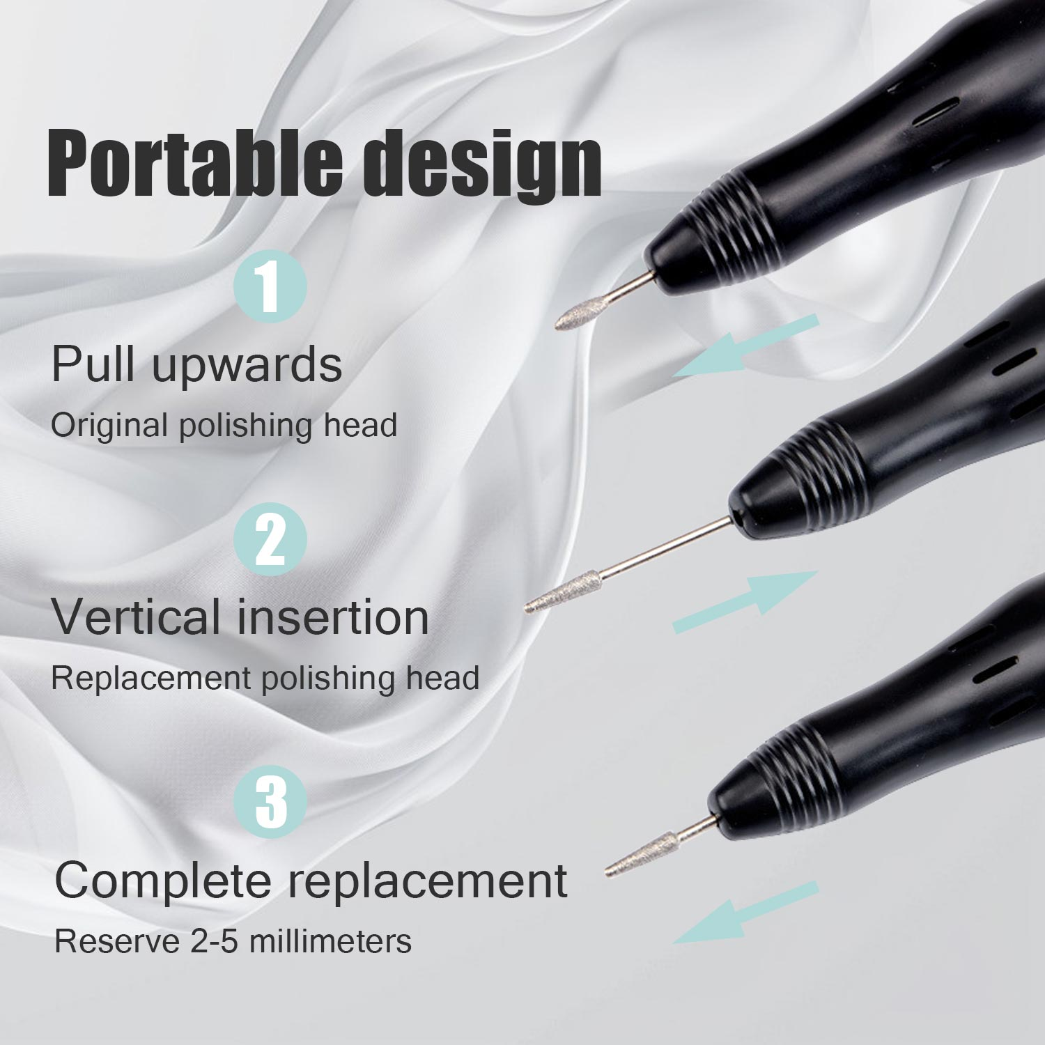 Zbliżenie części wiertarki do paznokci: wiertło i wymienne głowice. Instrukcje dotyczące wymiany.
