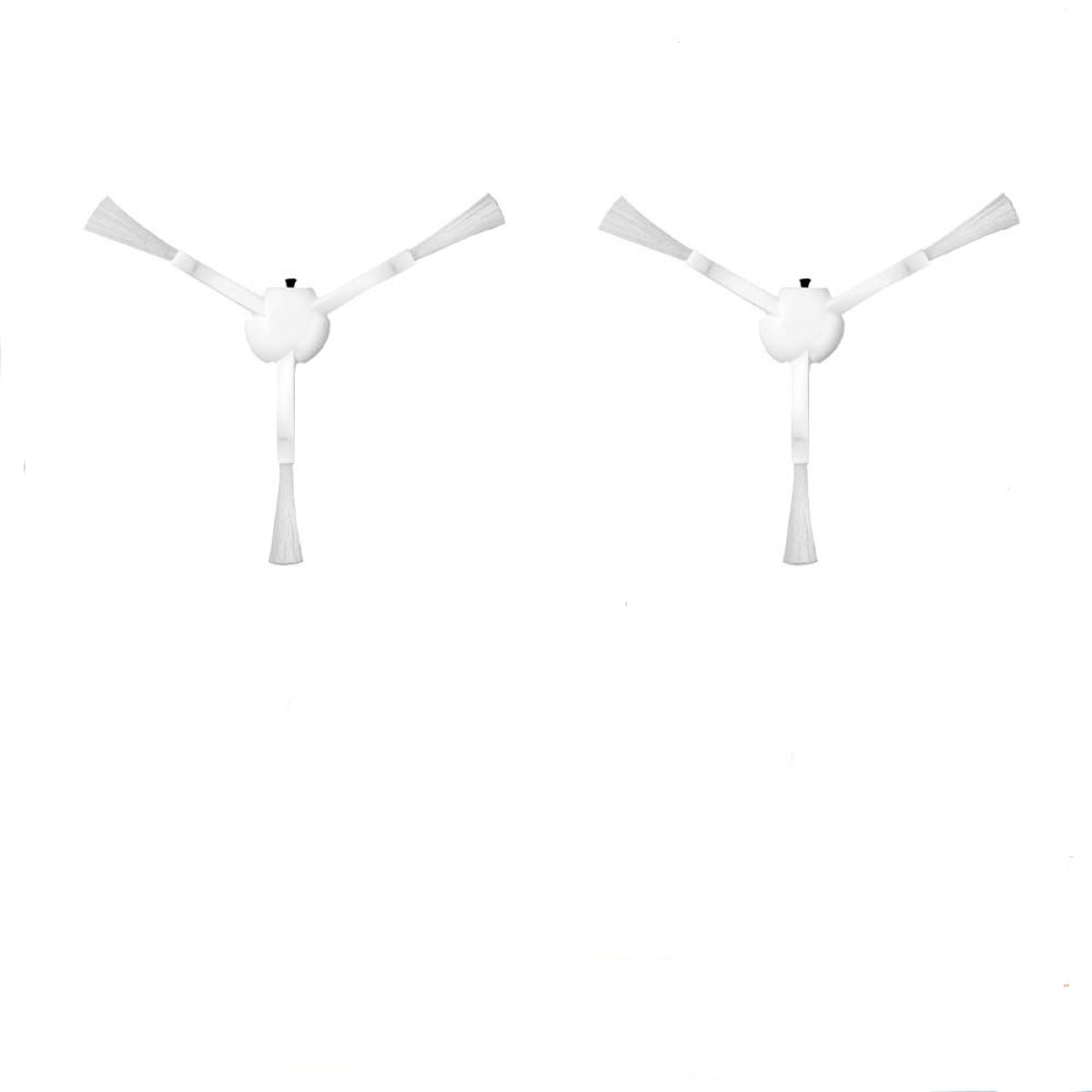Dwie białe, Y-kształtne szczotki do robota sprzątającego na białym tle.