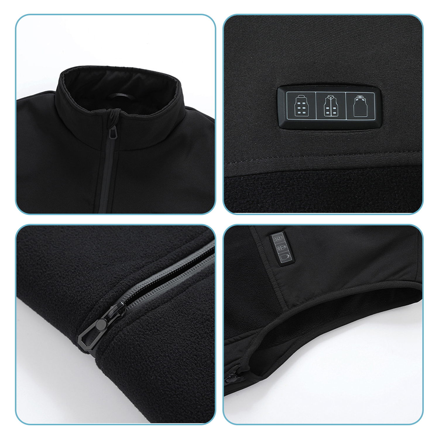 Close-up shots of a black heated vest, showing details of the fabric and zipper.