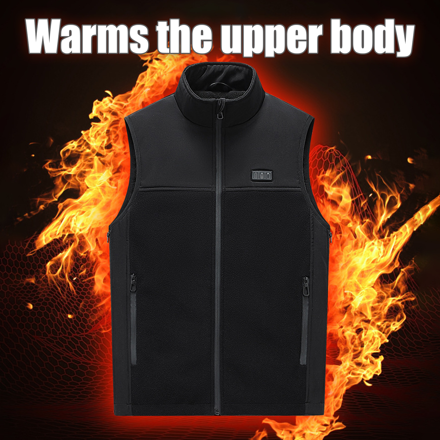 Black heated vest with fire effect background. Zipped pockets and collar.