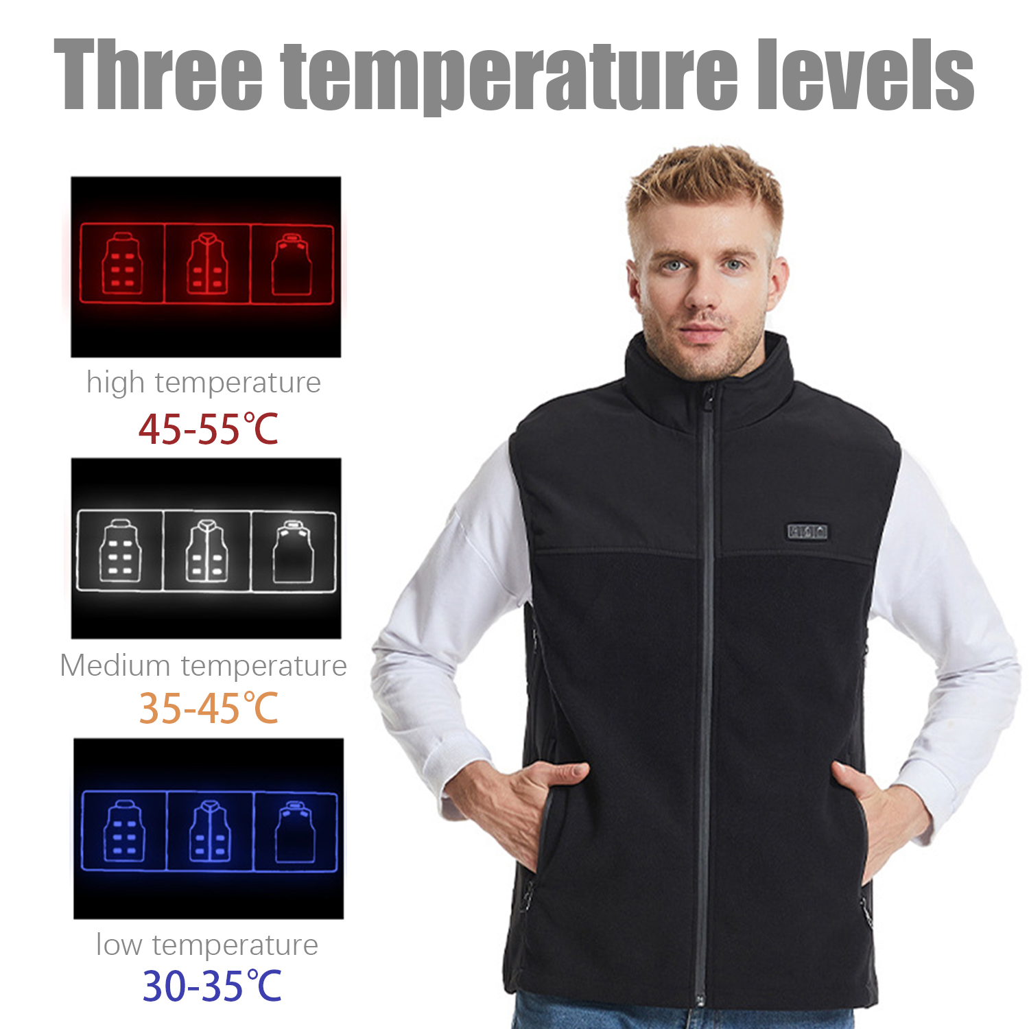 Man wearing a heated vest, with temperature level indicators displayed on the left.