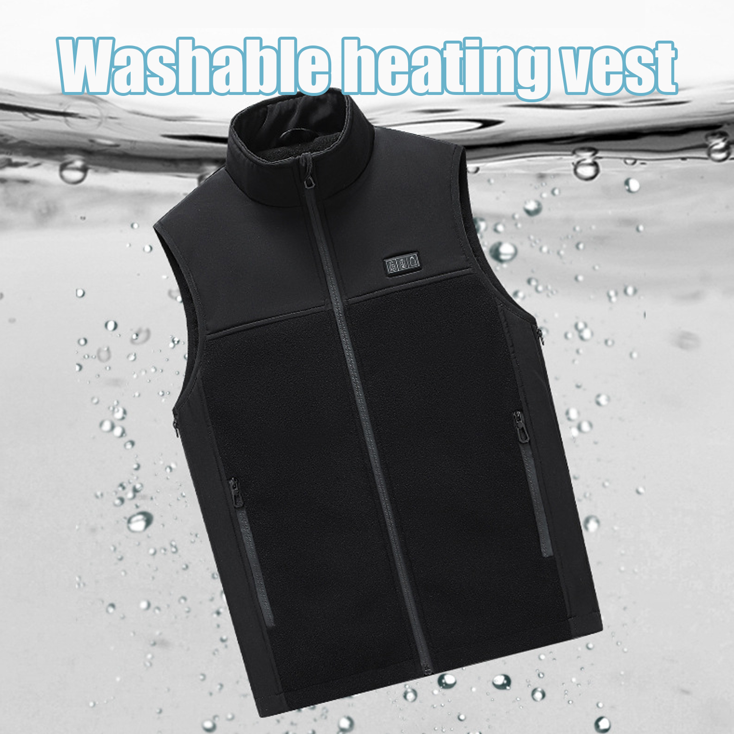 A black, washable heating vest with a zipper, pockets, and a high collar, on a wet surface.