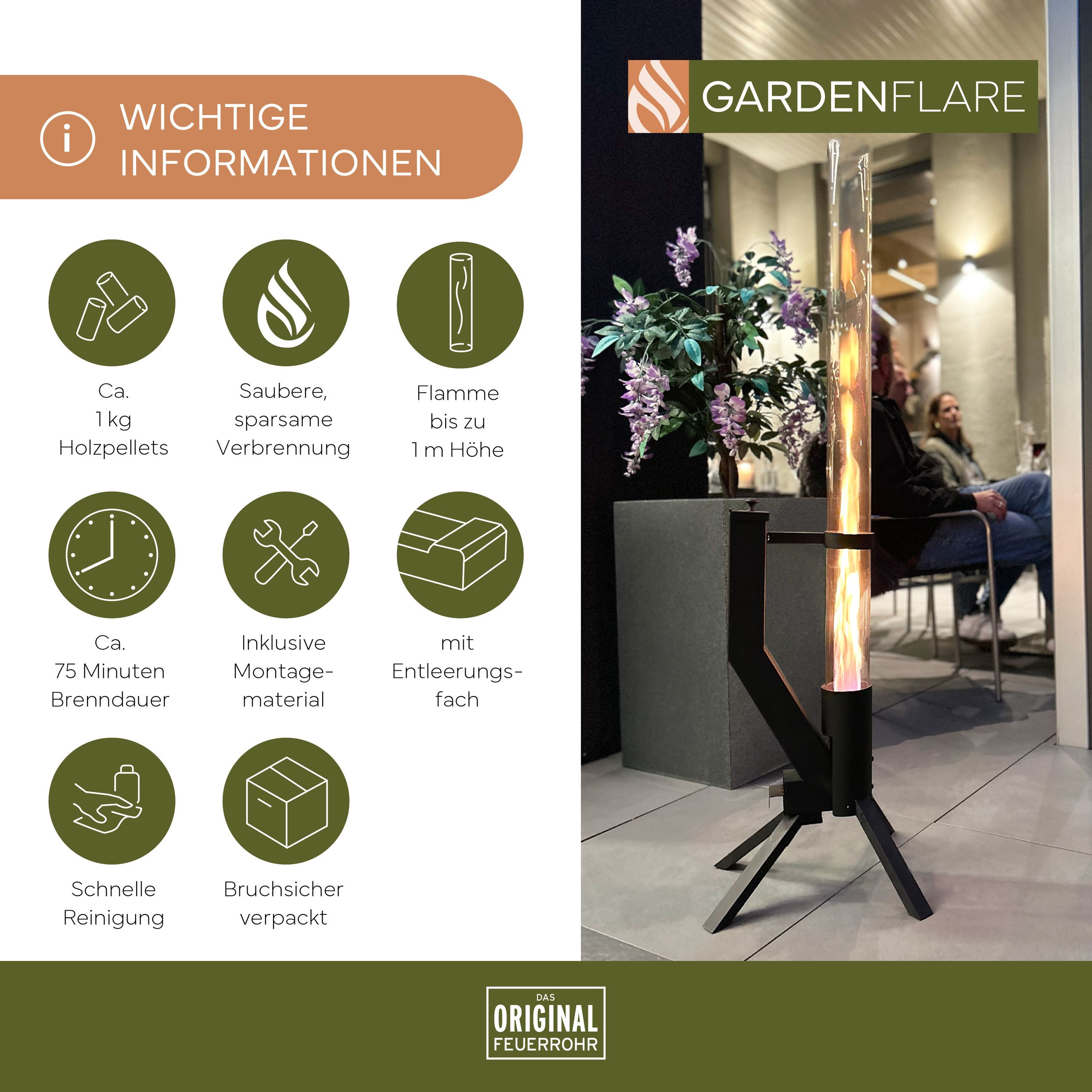 Gartenfeuerstelle mit Flamme. Infografiken zeigen Holzpellets, saubere Verbrennung, 1m Flamme, 75 Min. Brenndauer.