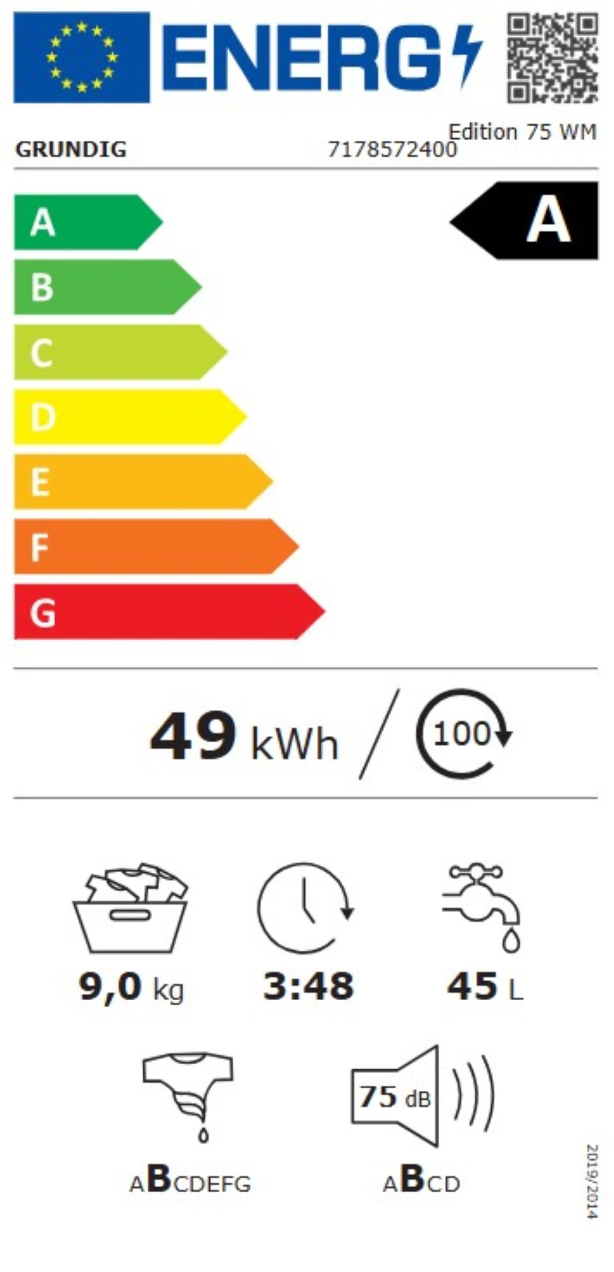 Ein Energielabel für eine Waschmaschine mit Informationen zur Energieeffizienz.