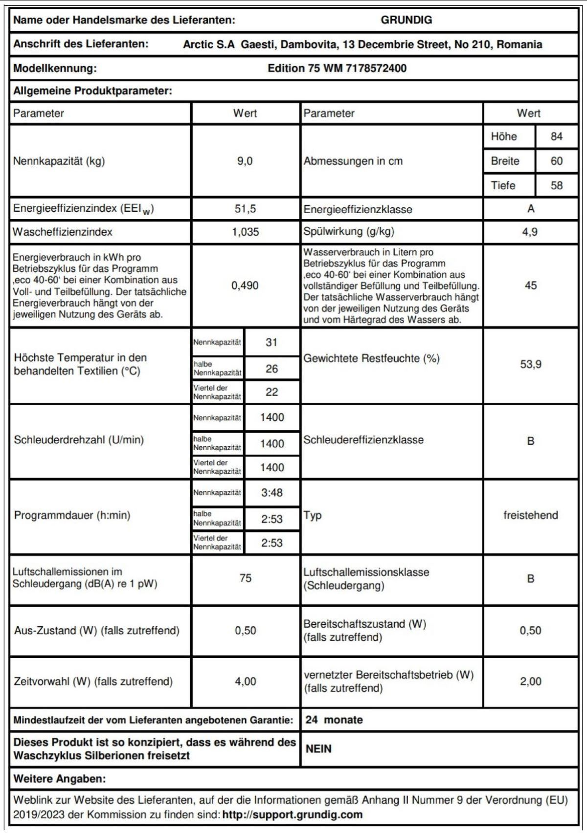 Tabelle mit Spezifikationen einer Waschmaschine, einschließlich Energieeffizienz und Abmessungen.