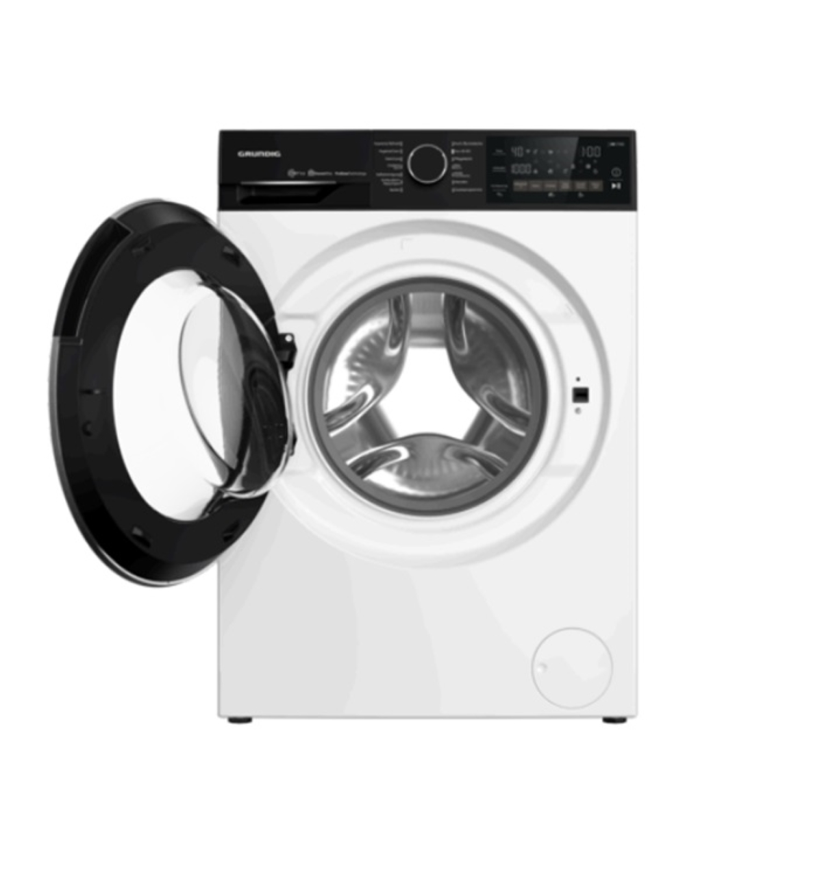 Weiße Waschmaschine mit offener schwarzer Tür, silberner Innenraum.