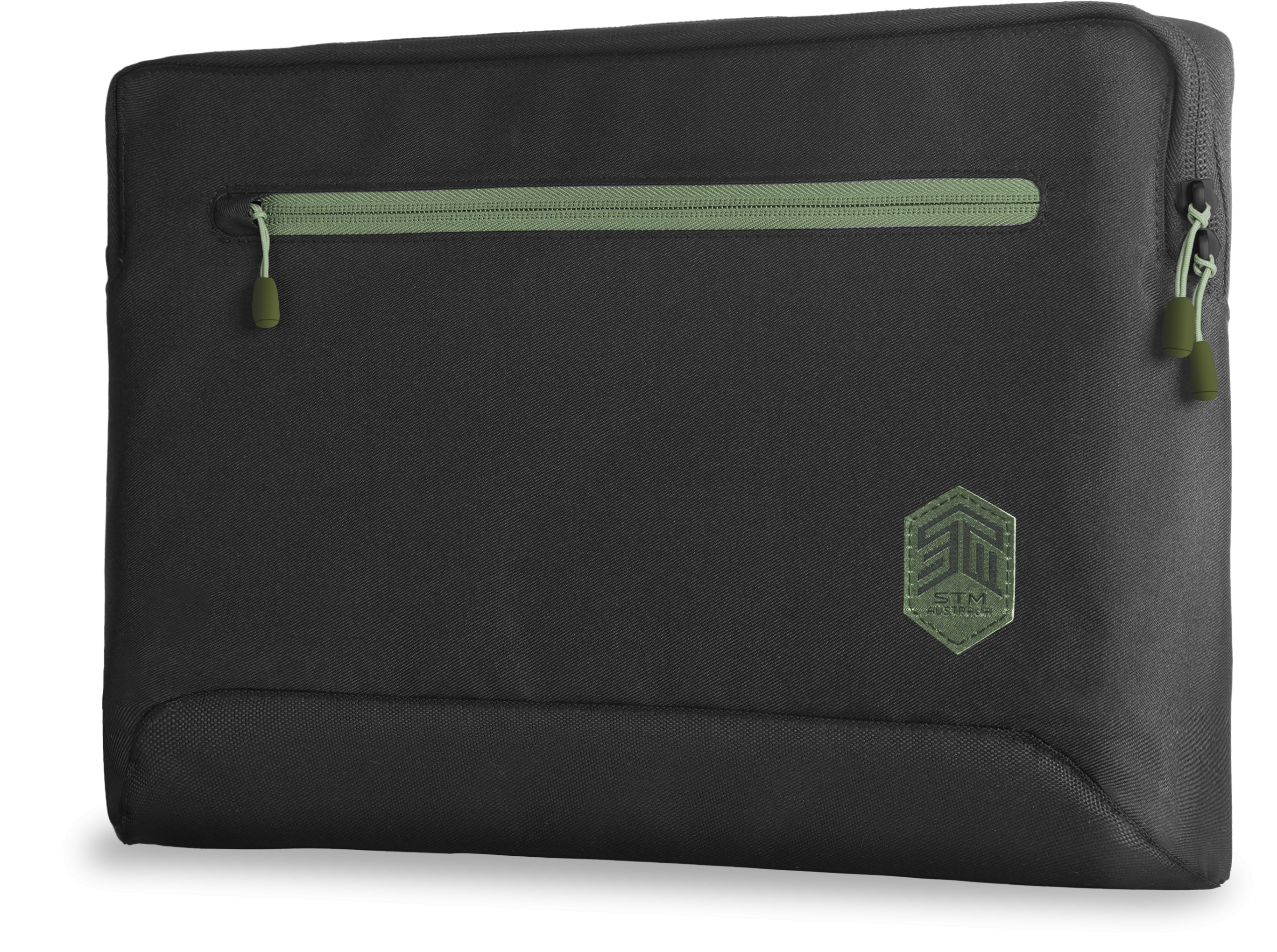 Black laptop sleeve with a green zipper and a green logo patch on the front.