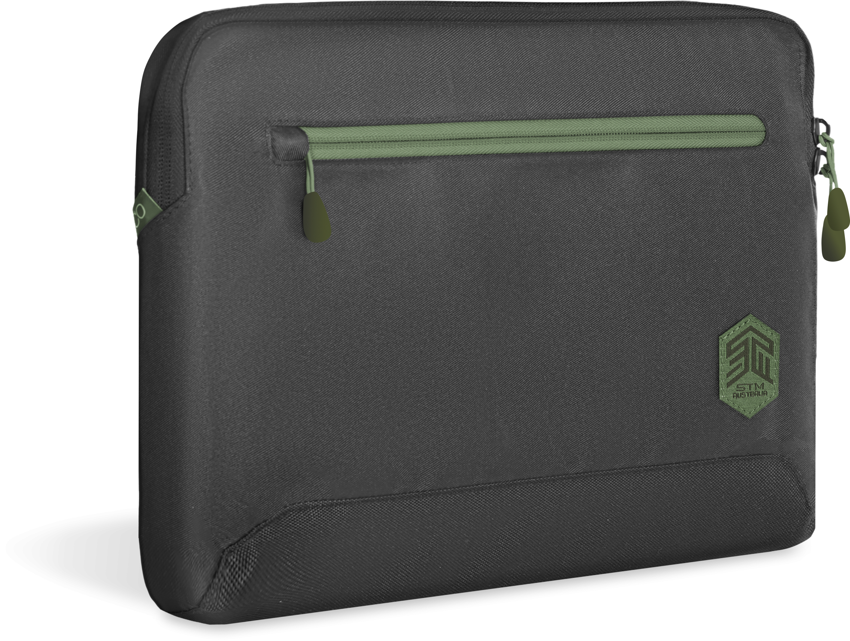 Black laptop sleeve with a green zipper and logo. The text is ETM FASTEN. The sleeve is black.