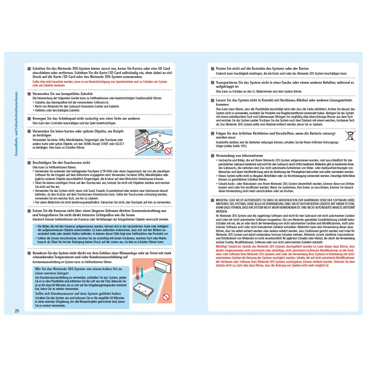 Zwei Textseiten auf Deutsch, mit Warnungen und Anweisungen zur Verwendung eines Nintendo 3DS.