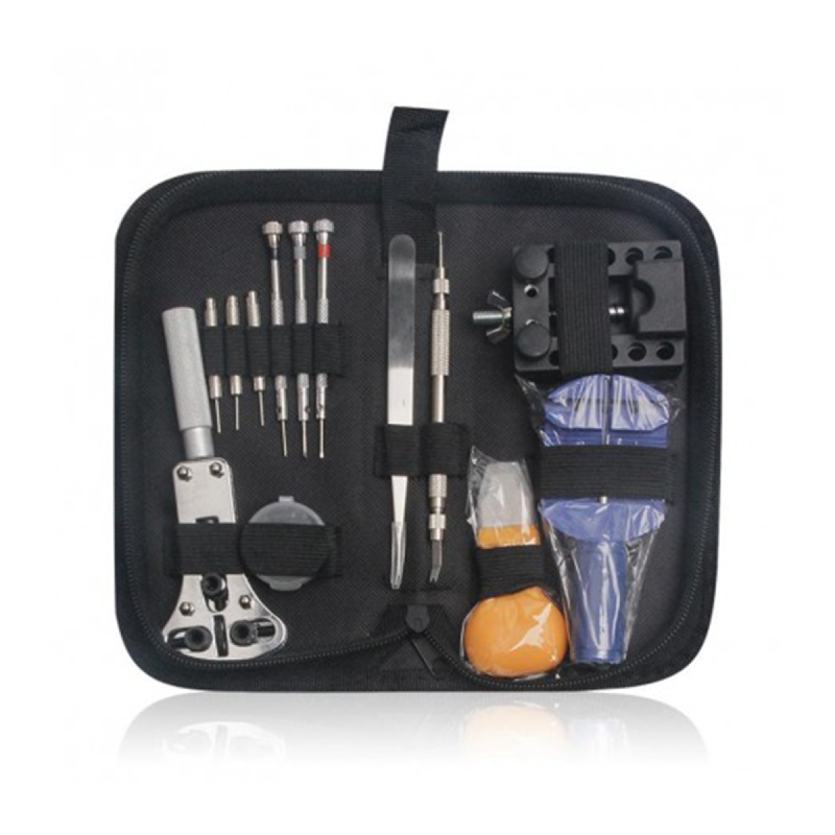 Kit di riparazione orologi nero in custodia nera. Strumenti visibili.