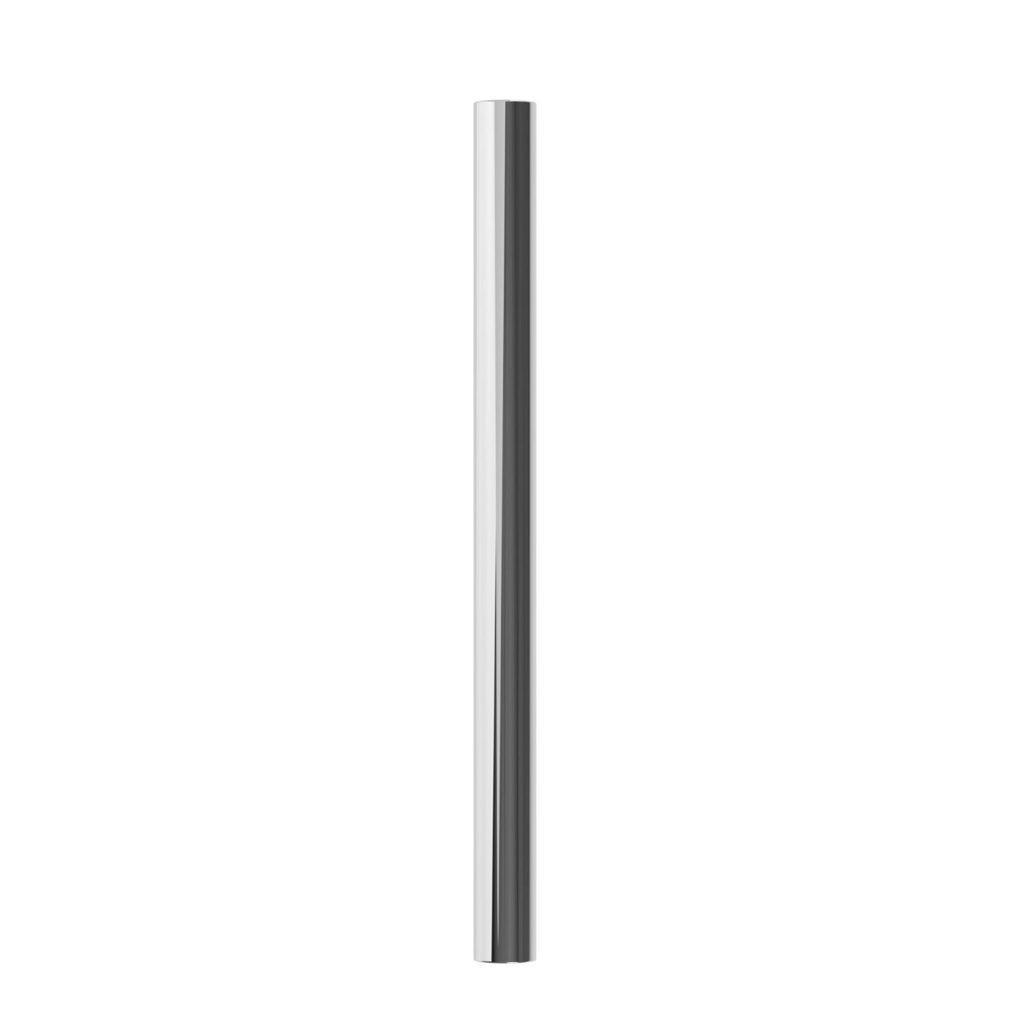 Een enkele chromen metalen staaf, verticaal gecentreerd op een witte achtergrond.