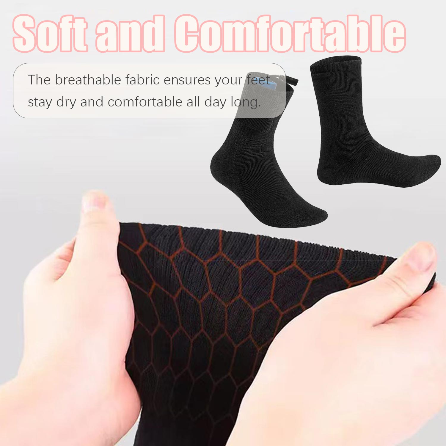 Dwie czarne skarpetki, z których jedna trzymana jest przez ręce, ukazując wzór plastra miodu.