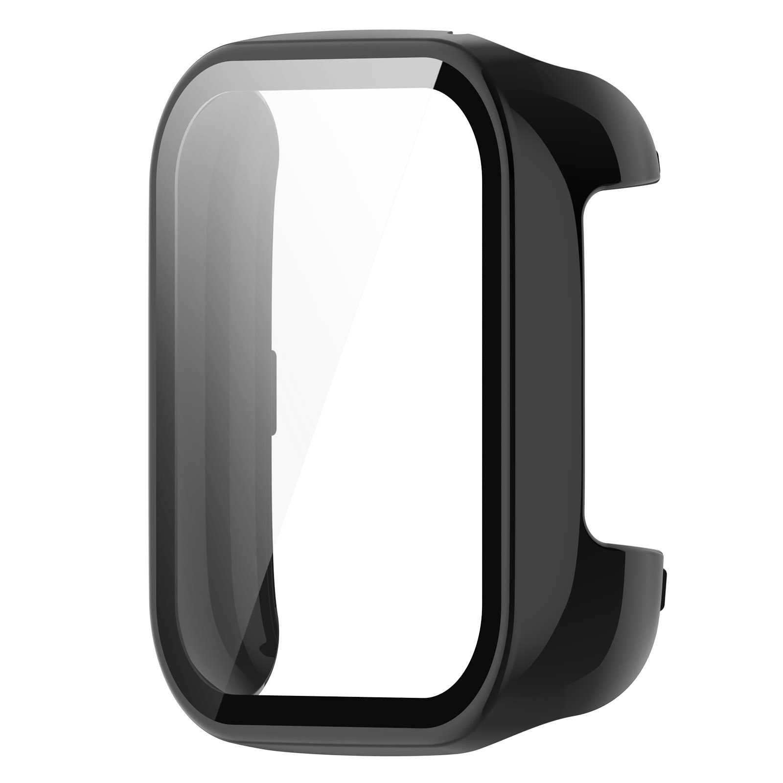 Zwarte horlogebeschermer met transparante schermbeschermer, toont het scherm van het horloge.