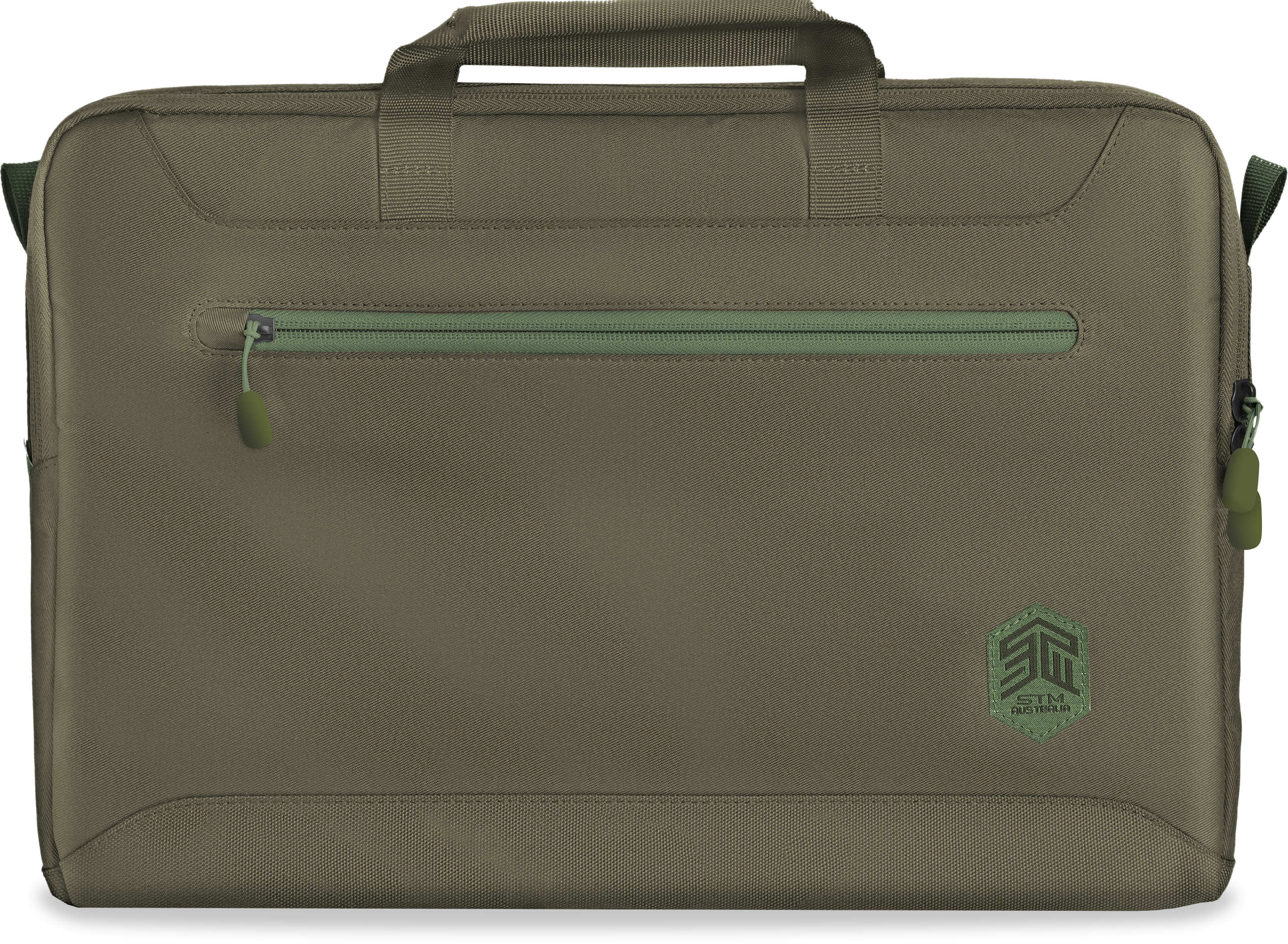 Bolsa para portátil verde oliva con cremallera verde y asa. Vista frontal, fondo blanco.