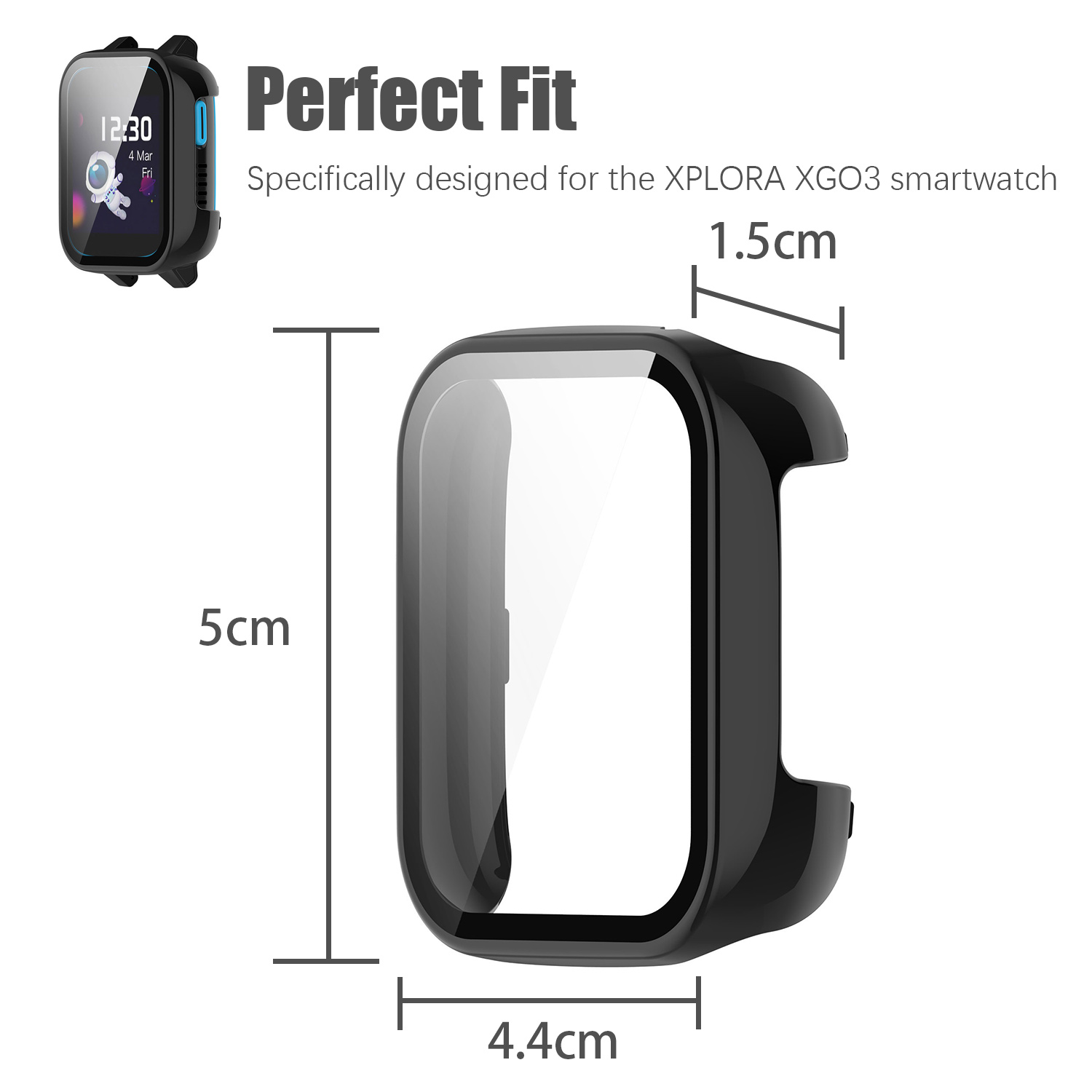 Zwarte smartwatch-hoes met afmetingen, 5 cm hoog, 4,4 cm breed en 1,5 cm dik, naast een smartwatch.