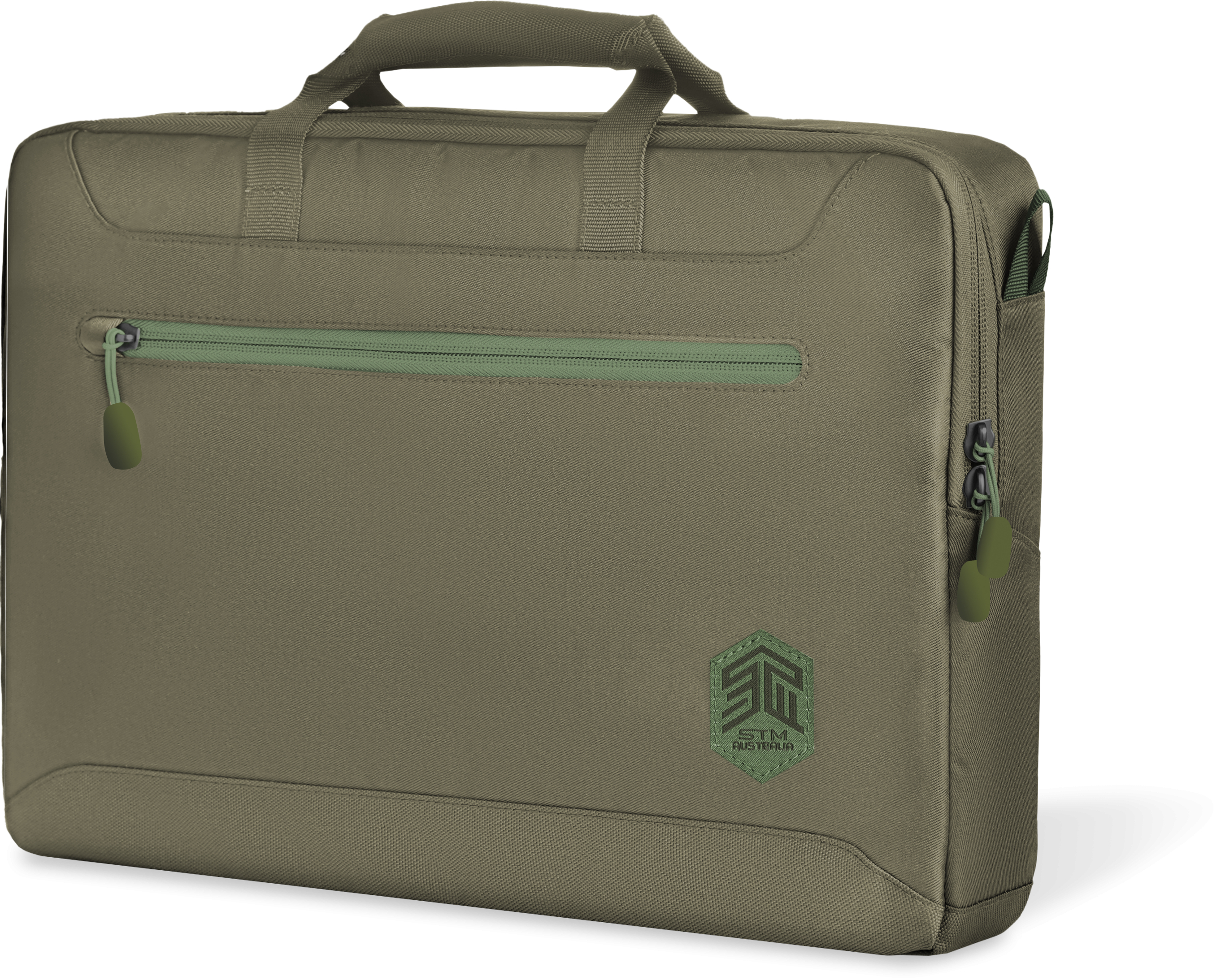 Bolsa para portátil verde oliva. Vista frontal, con cremallera y asa verdes.