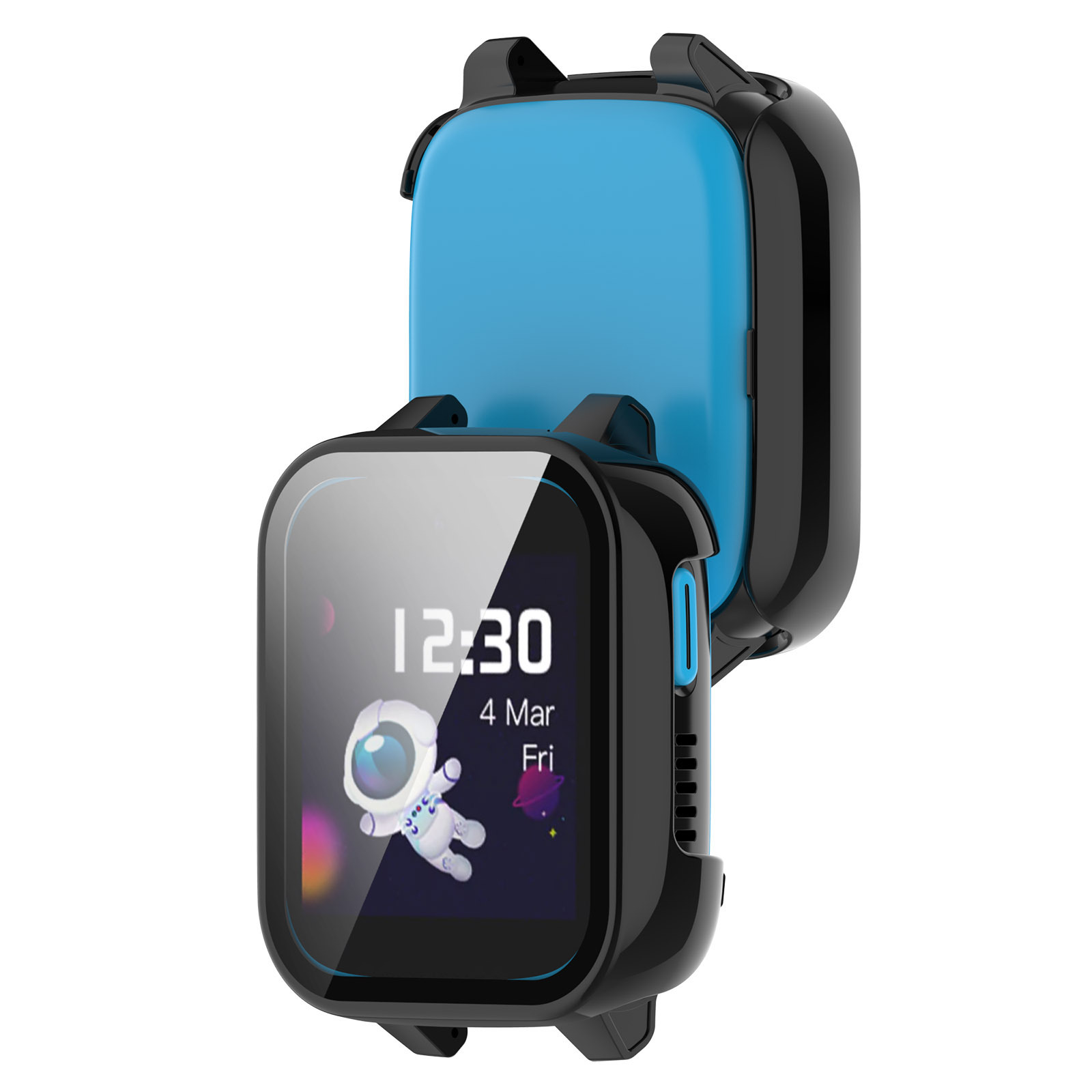 Smartwatch met een zwarte behuizing en blauwe hoes, met de tijd en een astronautenafbeelding.