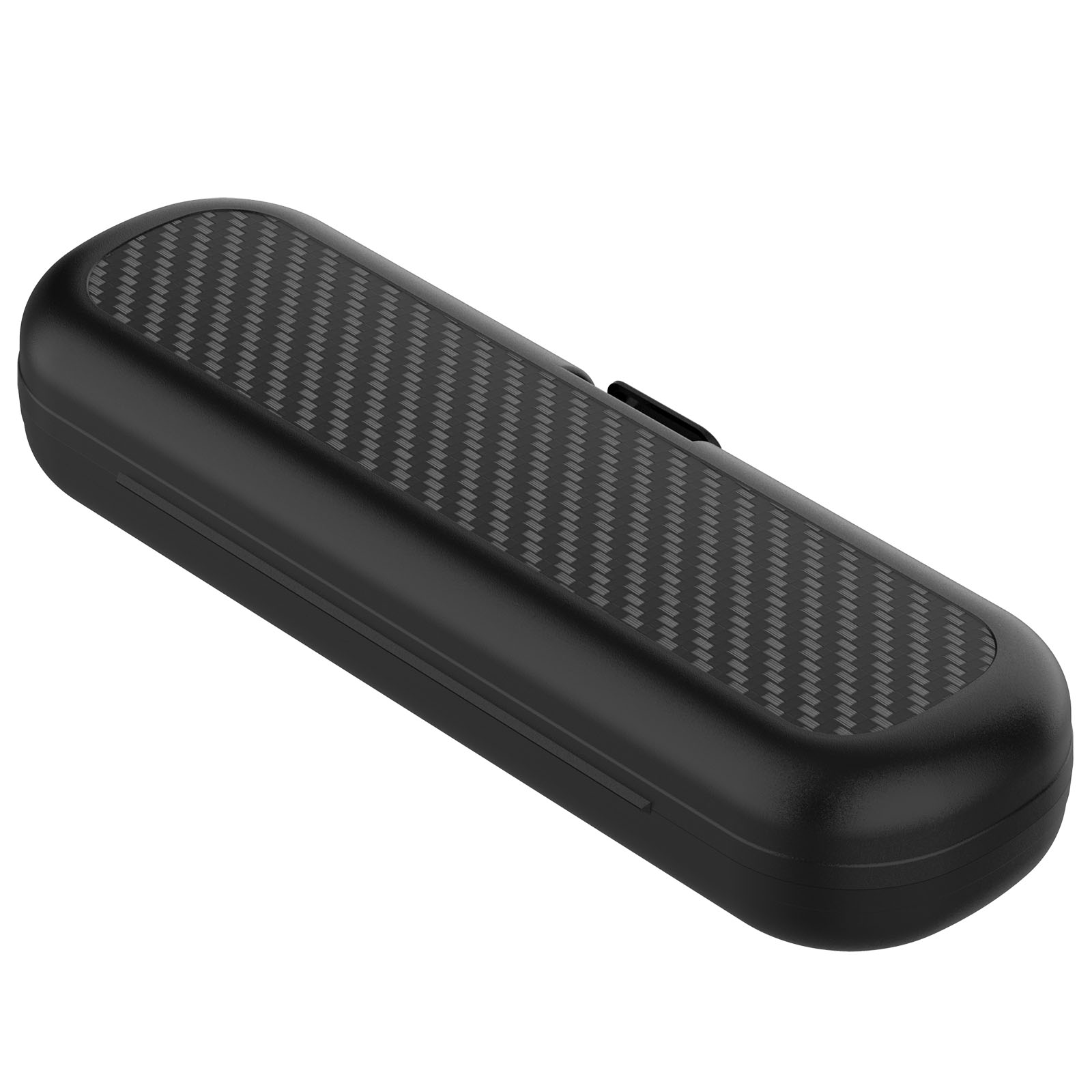 Schwarzes, rechteckiges Etui mit strukturiertem Muster. Das Etui ist geschlossen und hat einen kleinen Verschluss. Weißer Hintergrund.