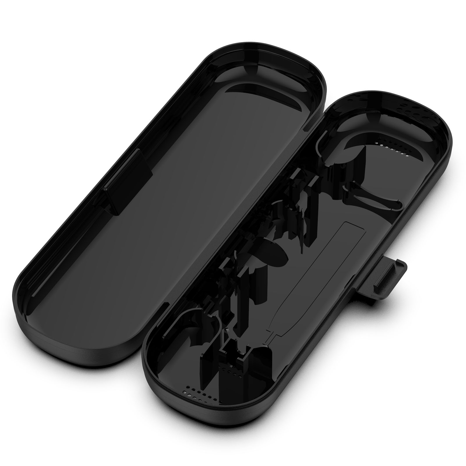 Eine geöffnete schwarze Zahnbürstenetui. Das Etui ist leer.