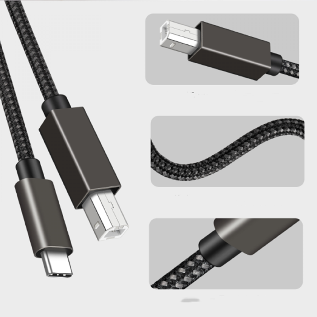 Zwei schwarze USB-Kabel mit verschiedenen Anschlüssen. Nahaufnahme der Anschlüsse.