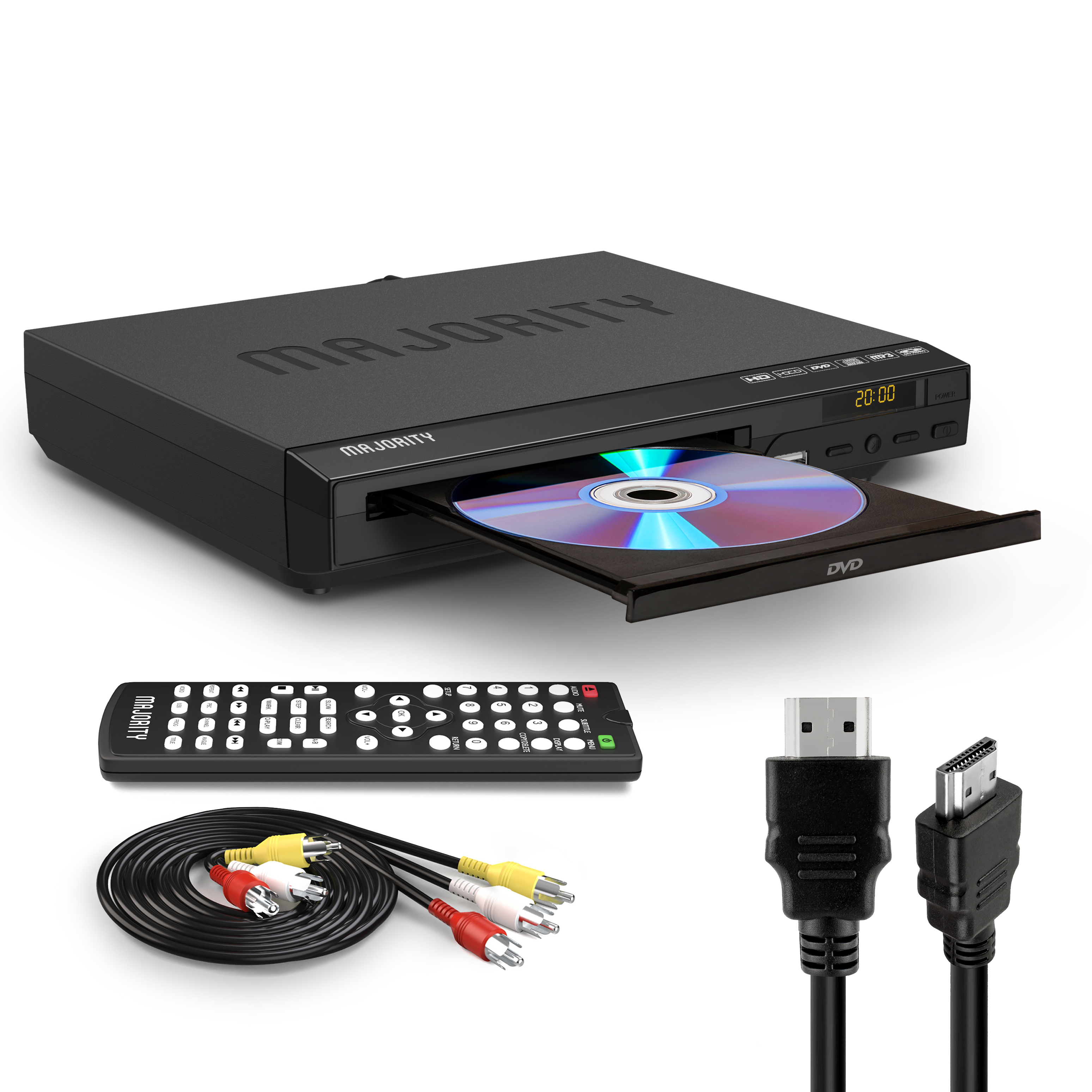 Zwarte dvd-speler met afstandsbediening, kabels en dvd. De lade is open.