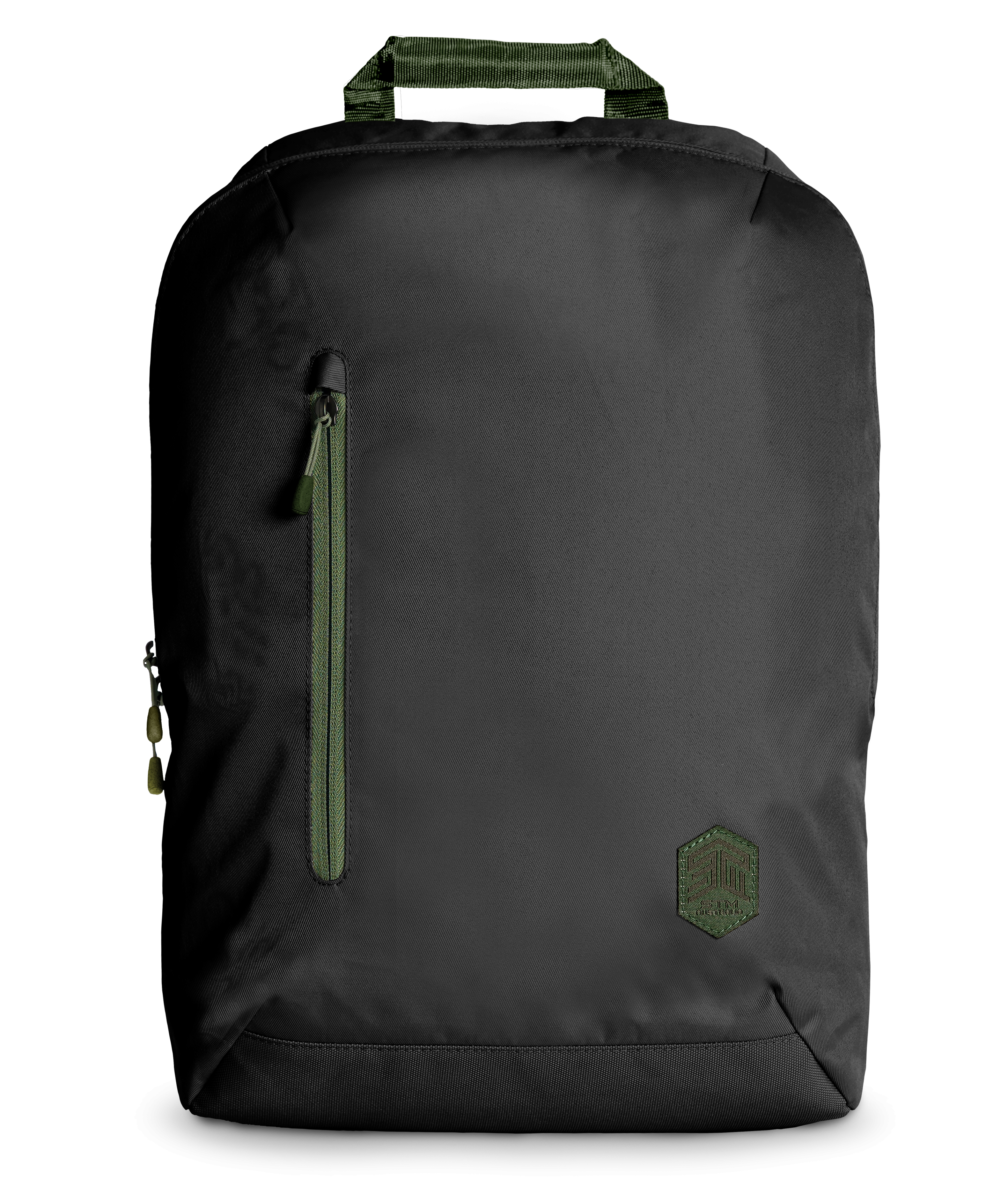 Schwarzer Rucksack mit grünem Reißverschluss und Logo. Vorderansicht. Weißer Hintergrund.