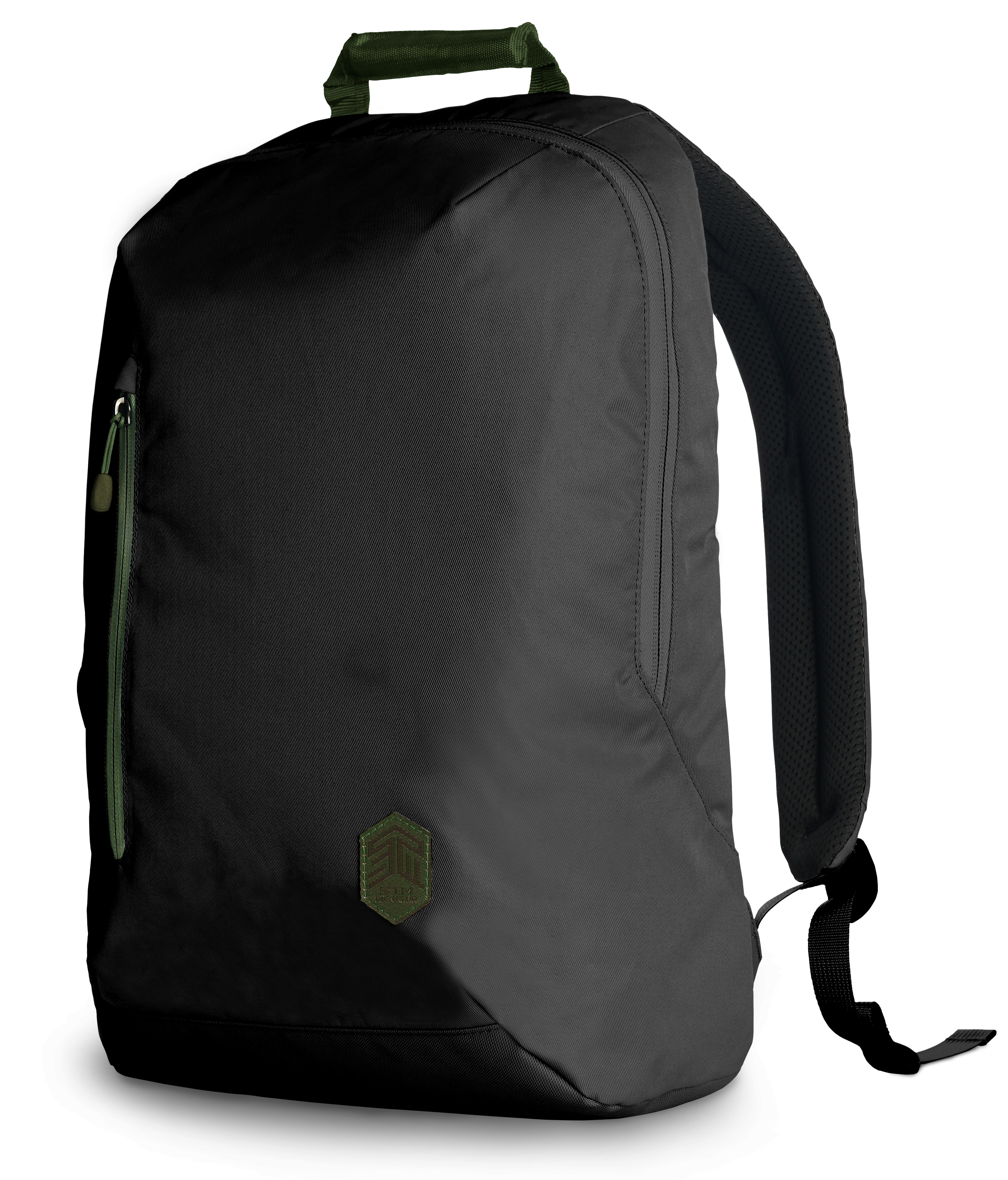 Schwarzer Rucksack, Seitenansicht. Grünes Logo und Reißverschlussdetails. Weißer Hintergrund.