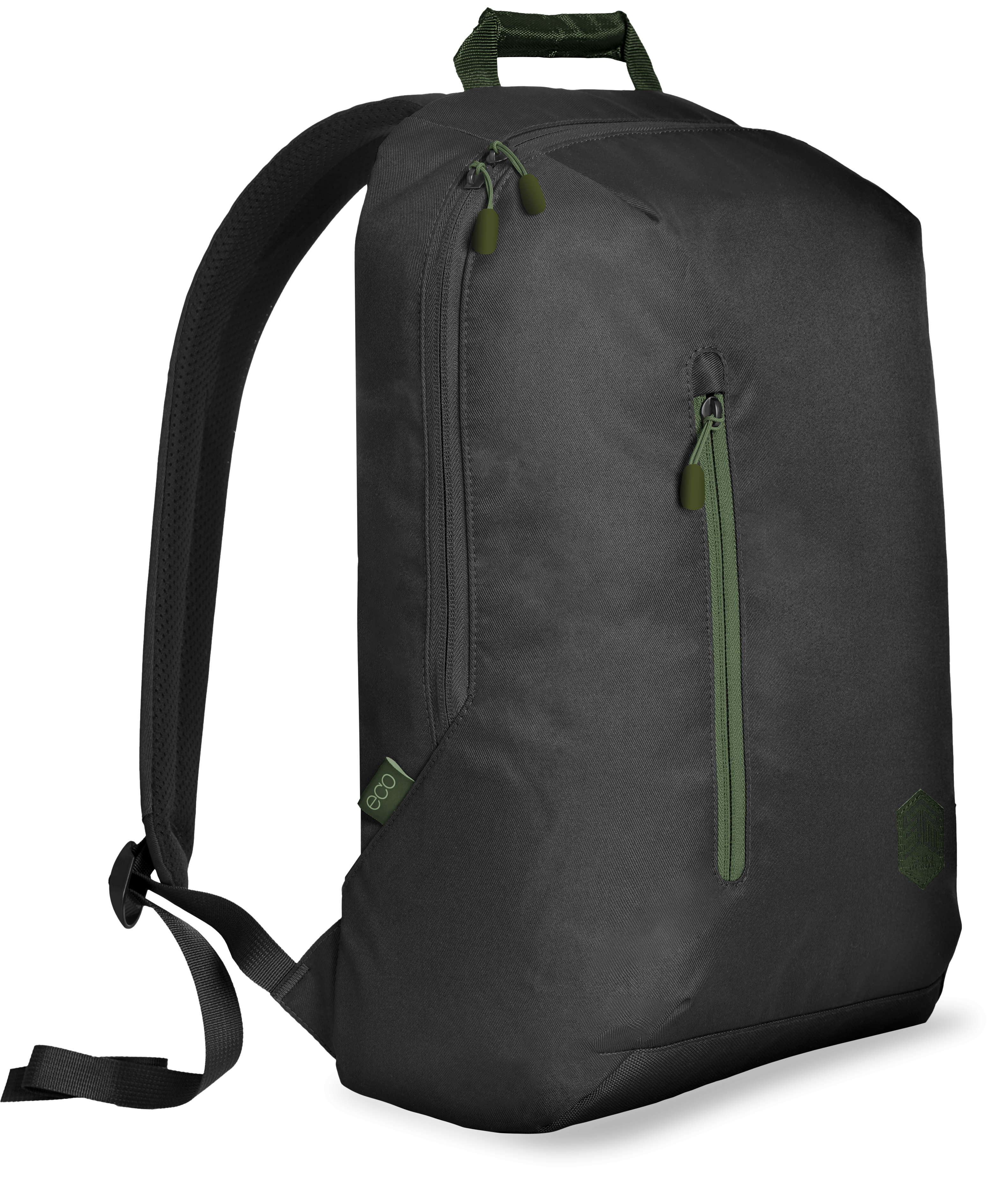 Schwarzer Rucksack mit grünem Reißverschluss und Logo. Seitenansicht. Weißer Hintergrund.