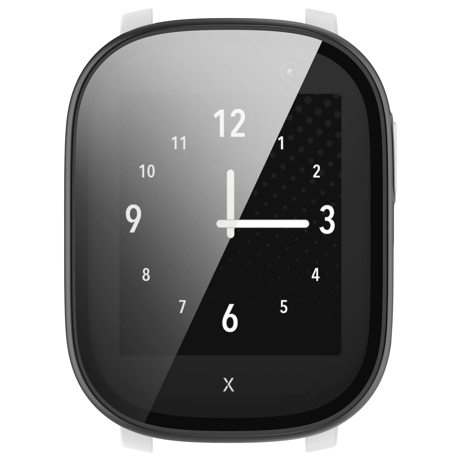 Smartwatch nero con cinturino bianco. Lo schermo mostra un orologio, con l'ora 12:00.