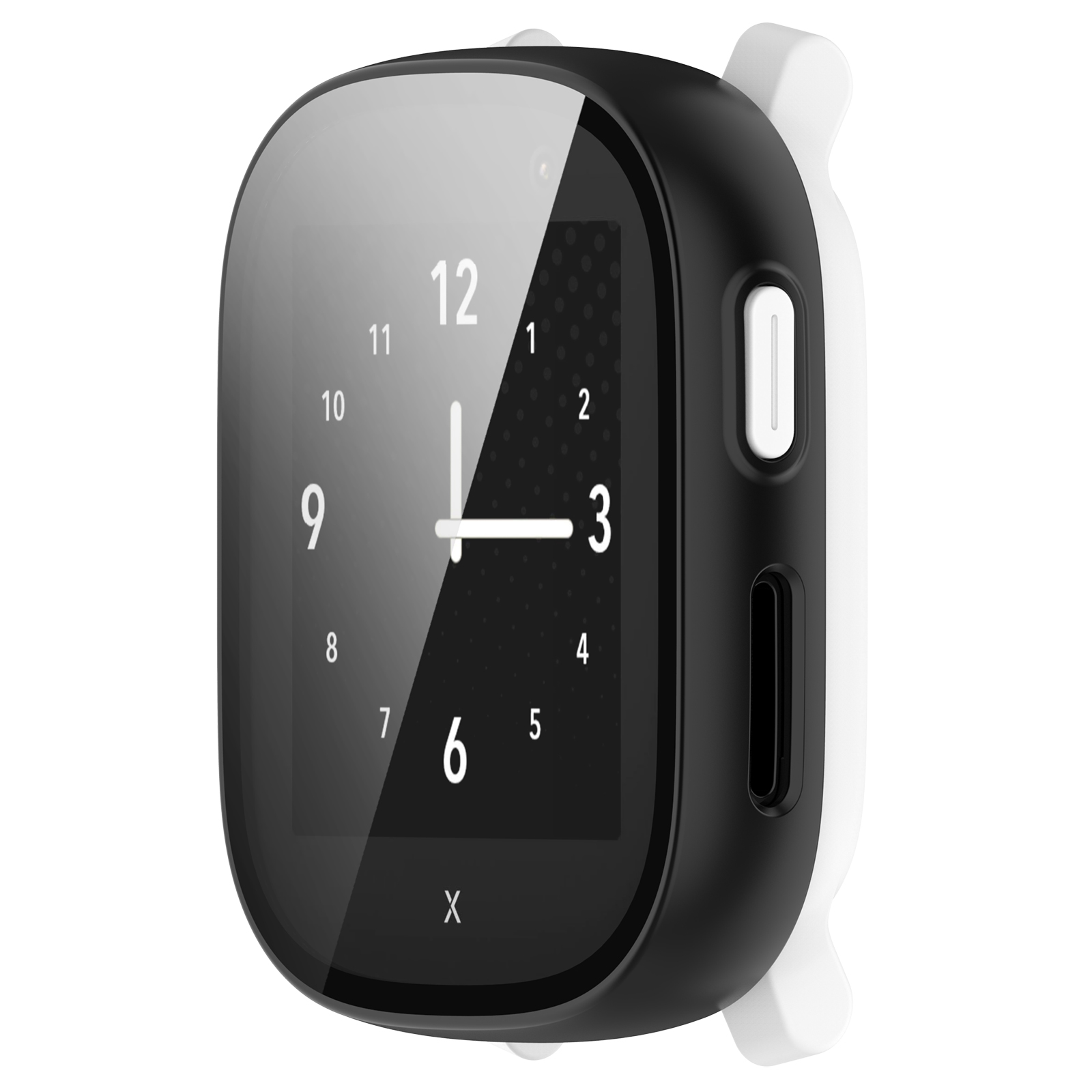 Smartwatch con quadrante nero, ora: 2:59. Cornice bianca e nera. Sfondo bianco.