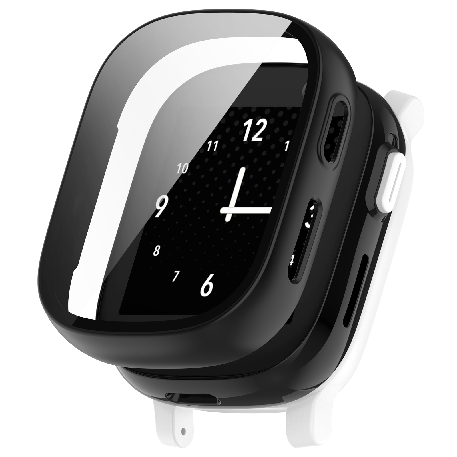 Smartwatch in bianco e nero. Lo schermo mostra l'ora. Cinturino bianco. Sfondo bianco.